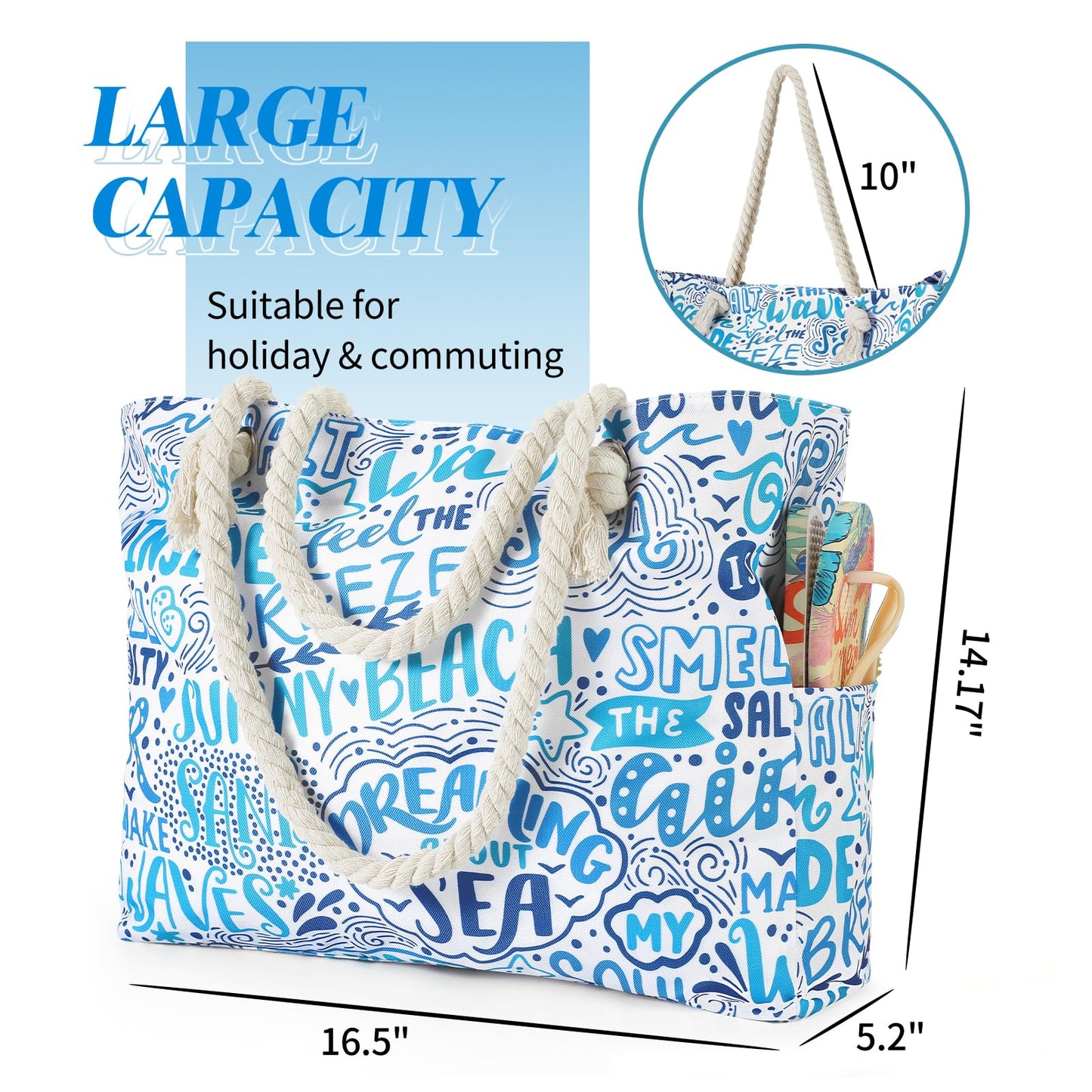 Beach Bags for Women - Large Beach Tote Bag, Women Sandproof Pool Bag for Pool Gym Grocery Travel