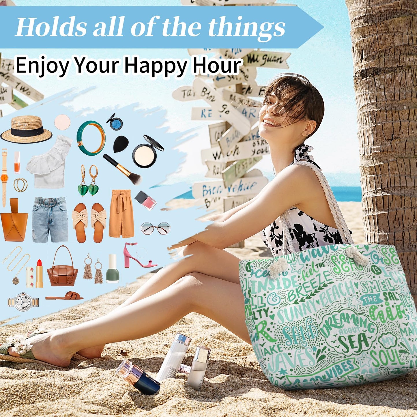 Beach Bags for Women - Large Beach Tote Bag, Women Sandproof Pool Bag for Pool Gym Grocery Travel