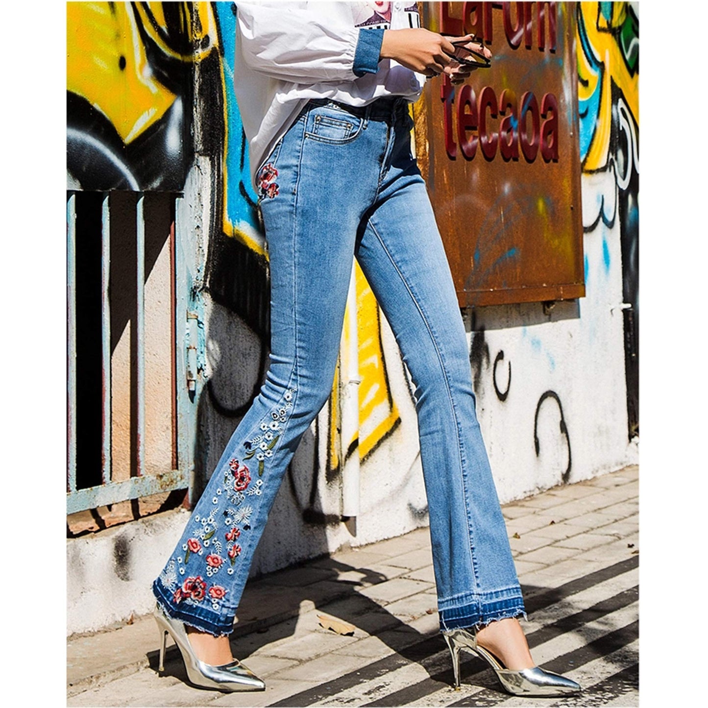 Lisskolo Bell Bottom Jeans for Women Flared Floral Embroidered Jean Wide Leg Denim Pants