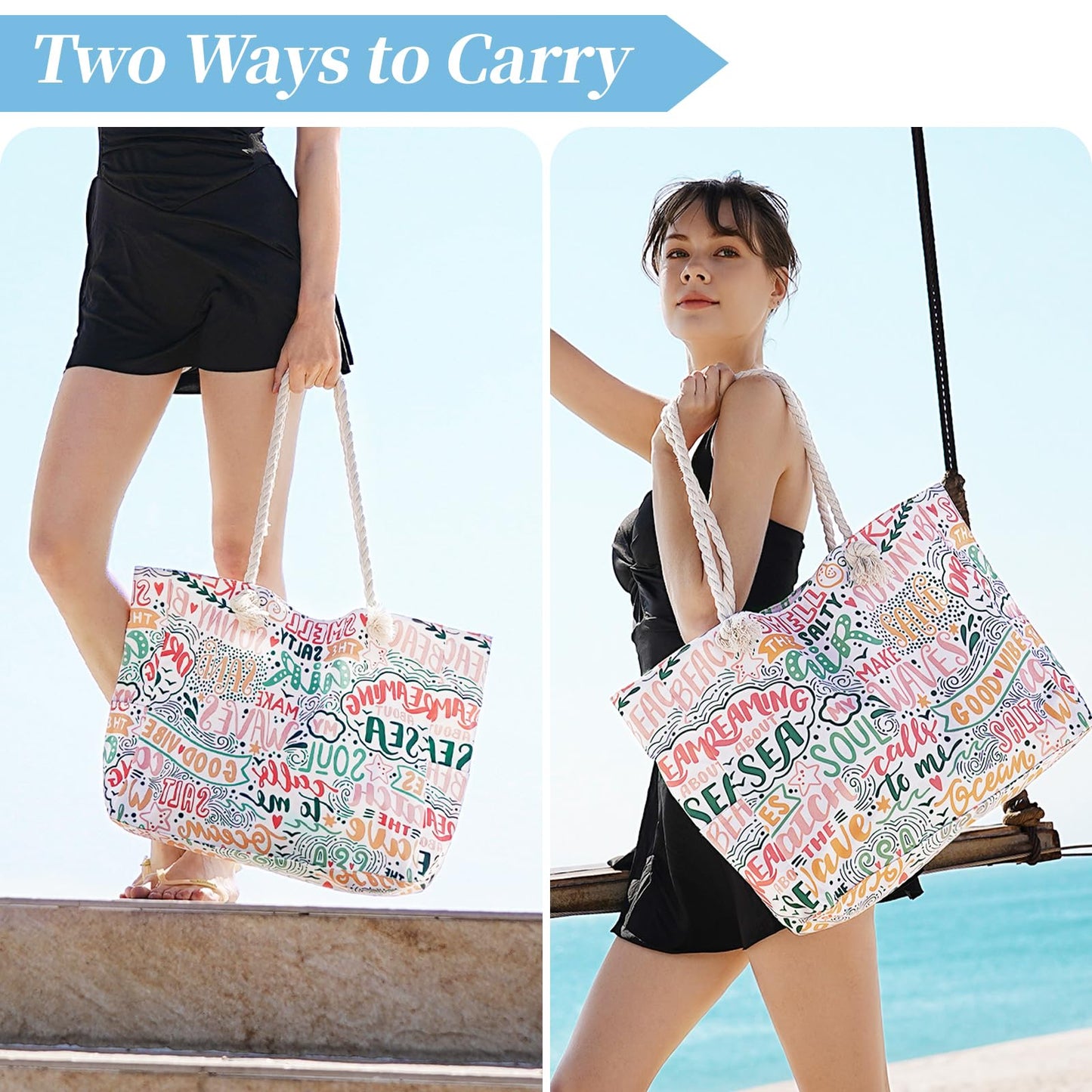 Beach Bags for Women - Large Beach Tote Bag, Women Sandproof Pool Bag for Pool Gym Grocery Travel