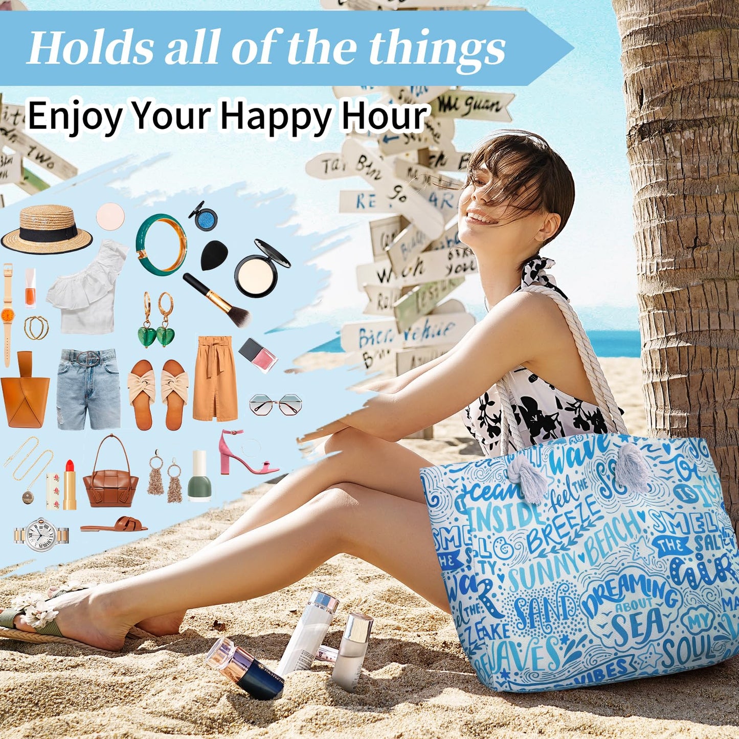 Beach Bags for Women - Large Beach Tote Bag, Women Sandproof Pool Bag for Pool Gym Grocery Travel