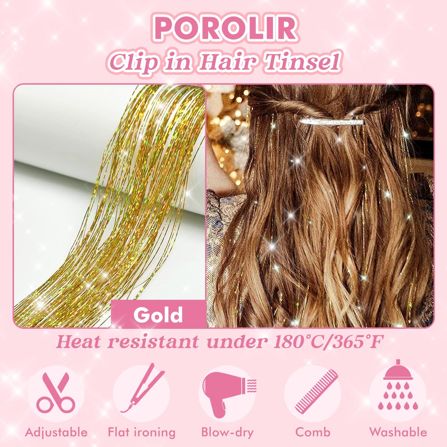 Clip in Hair Tinsel, POROLIR 6Pcs Glitter Fairy Tinsel Hair Extensions 20 Inch Shiny Hair Tinsel Heat Resistant, Sparkly Strands Hair Accessories, Festival Gift for Women Girls Kids (Silver)