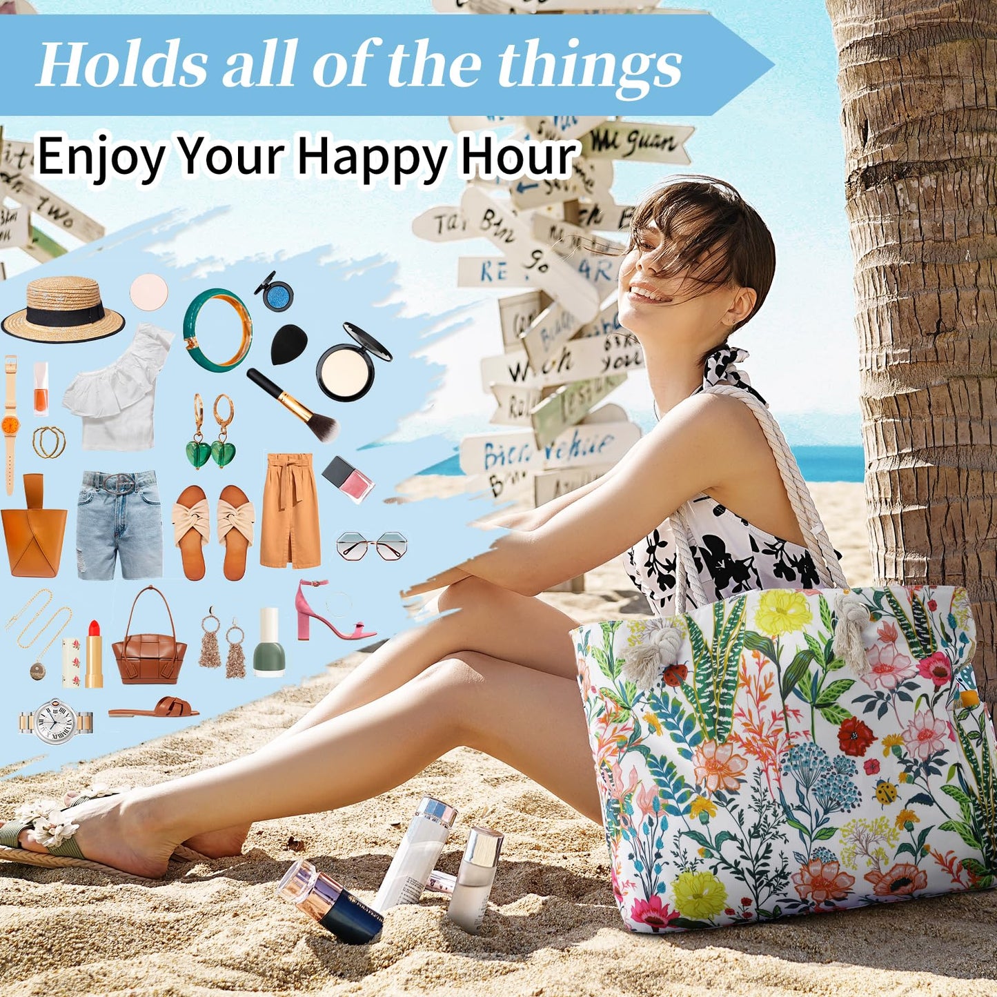 Beach Bags for Women - Large Beach Tote Bag, Women Sandproof Pool Bag for Pool Gym Grocery Travel