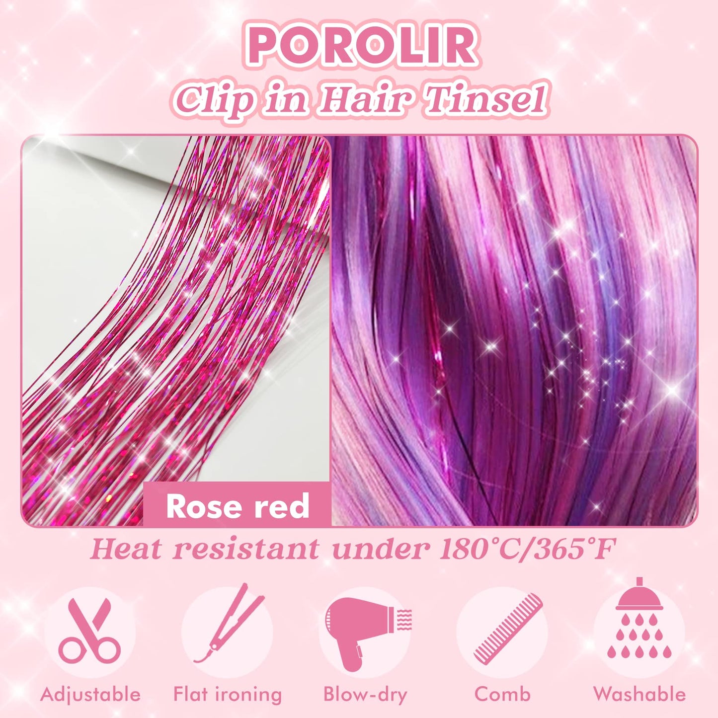 Clip in Hair Tinsel, POROLIR 6Pcs Glitter Fairy Tinsel Hair Extensions 20 Inch Shiny Hair Tinsel Heat Resistant, Sparkly Strands Hair Accessories, Festival Gift for Women Girls Kids (Silver)