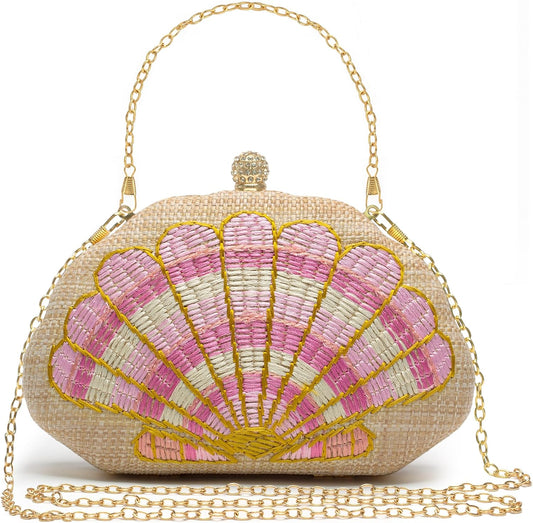 Women's Straw Woven Clutch Purse Embroider Shellsea Pattern Handbag