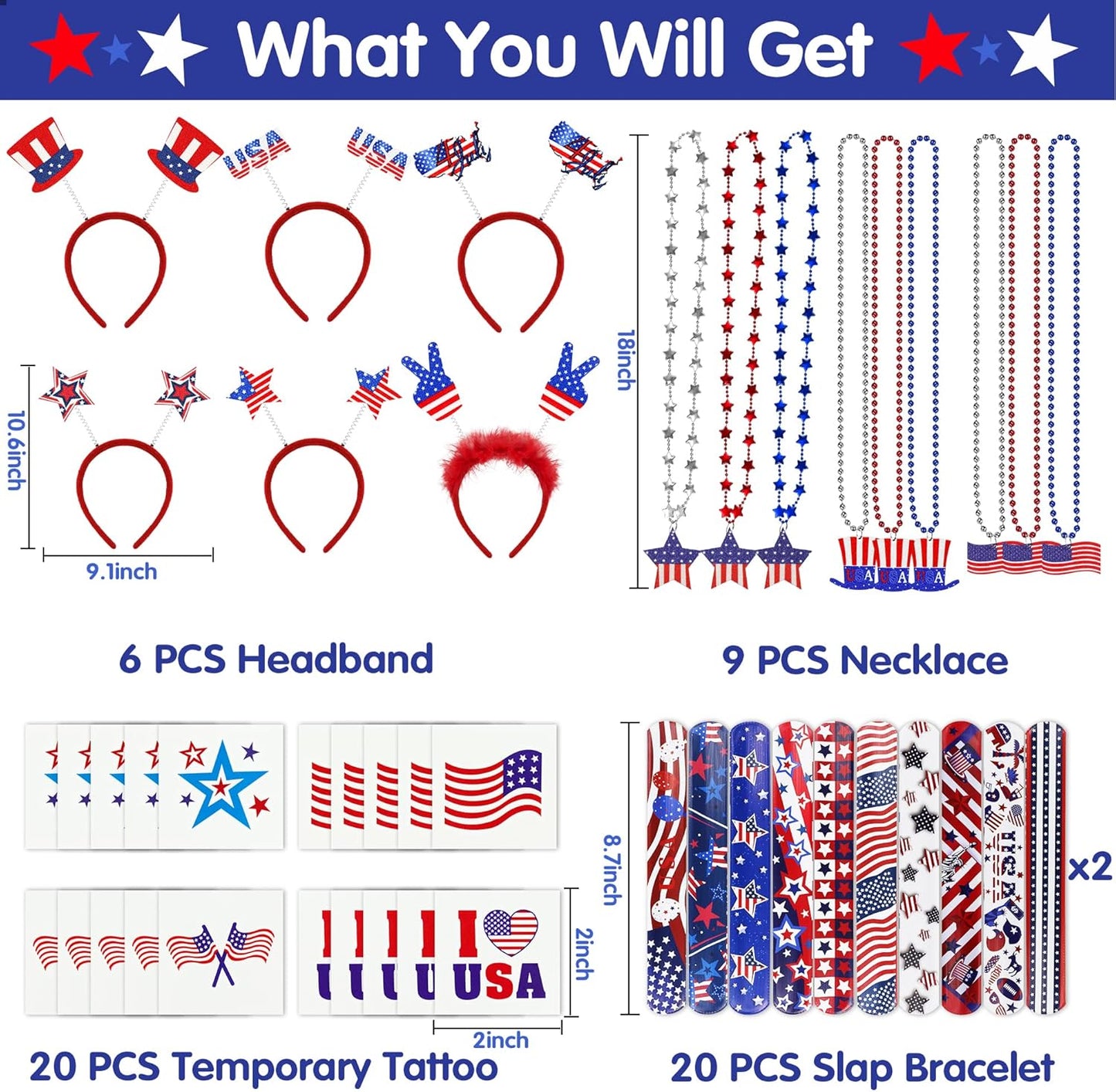 4th of July Accessories Patriotic Party Favors Supplies - 6 Headbands, 9 Necklaces, 20 Slap Bracelet and 20 Temporary Tattoos for Fourth of July Party Decorations, Independence Day, Memorial Day
