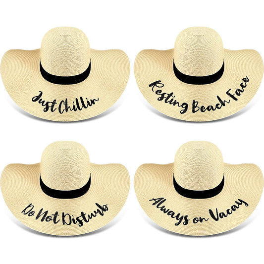 4 Pcs Women Beach Hats Floppy Foldable Straw Hat Embroidered Summer Wide Brim for Travel Summer