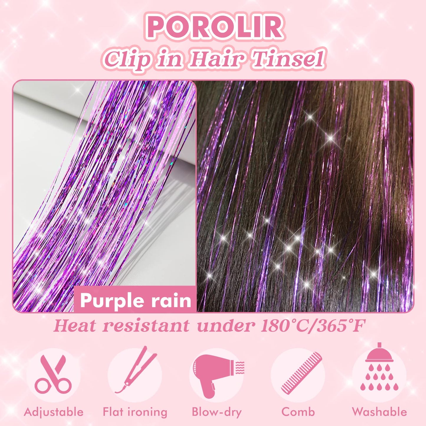 Clip in Hair Tinsel, POROLIR 6Pcs Glitter Fairy Tinsel Hair Extensions 20 Inch Shiny Hair Tinsel Heat Resistant, Sparkly Strands Hair Accessories, Festival Gift for Women Girls Kids (Silver)