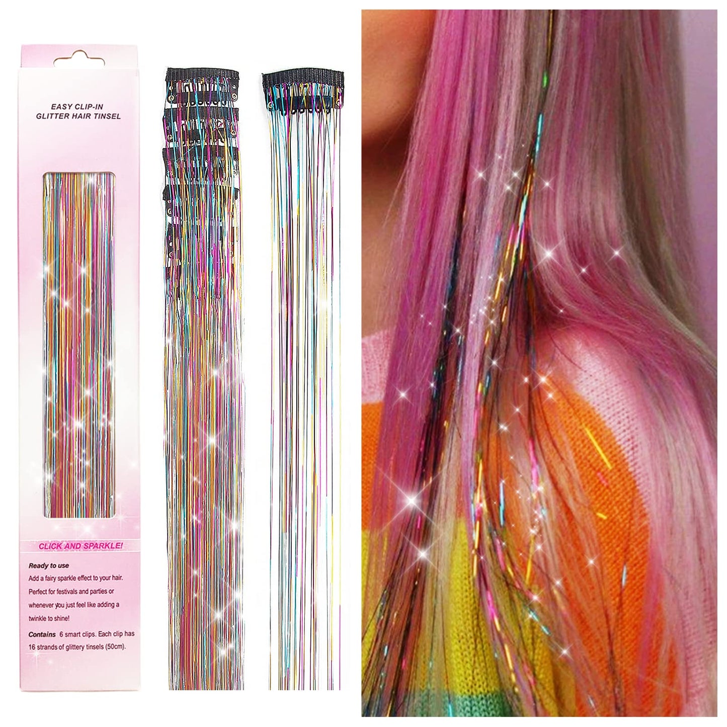 Clip in Hair Tinsel, POROLIR 6Pcs Glitter Fairy Tinsel Hair Extensions 20 Inch Shiny Hair Tinsel Heat Resistant, Sparkly Strands Hair Accessories, Festival Gift for Women Girls Kids (Silver)