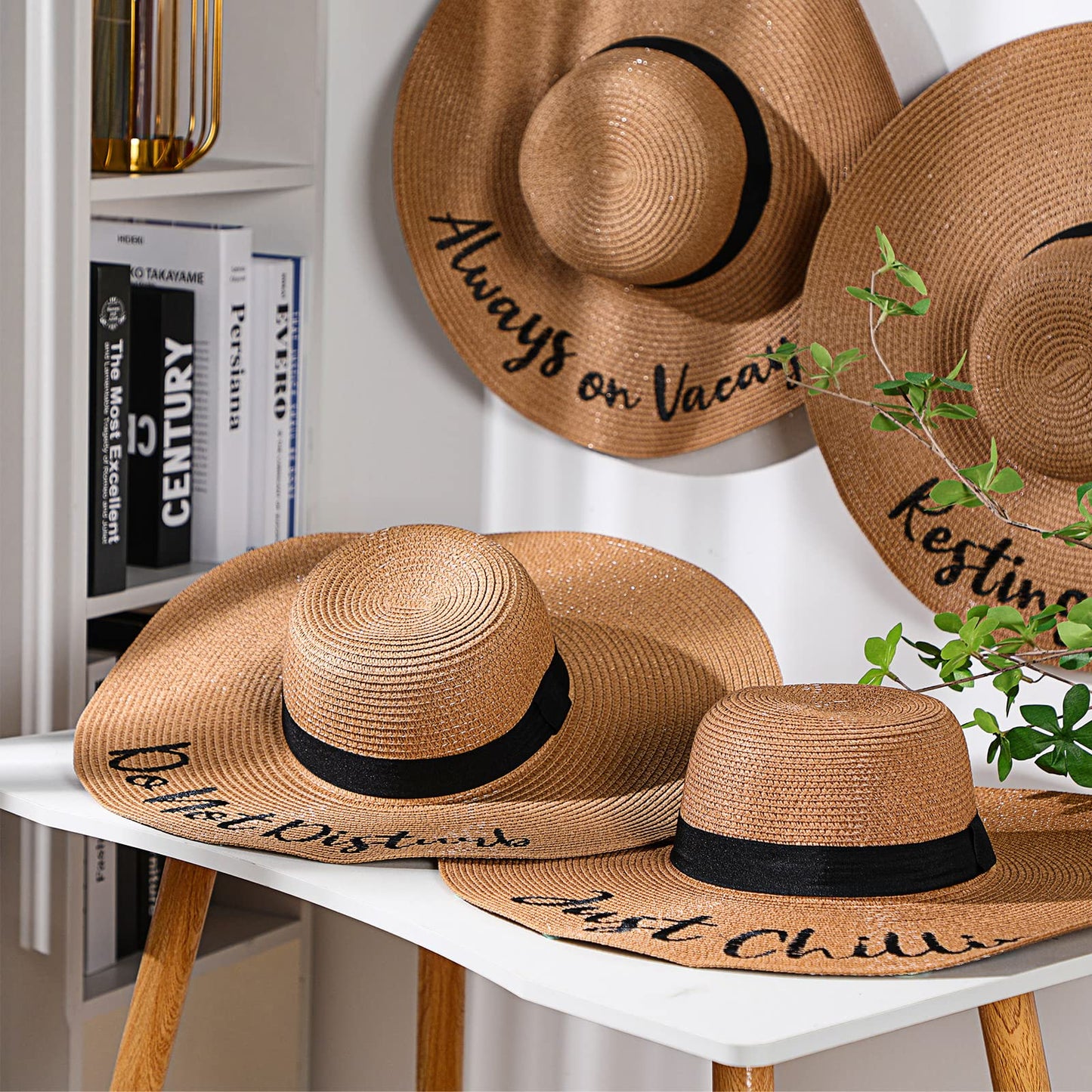 4 Pcs Women Beach Hats Floppy Foldable Straw Hat Embroidered Summer Wide Brim for Travel Summer