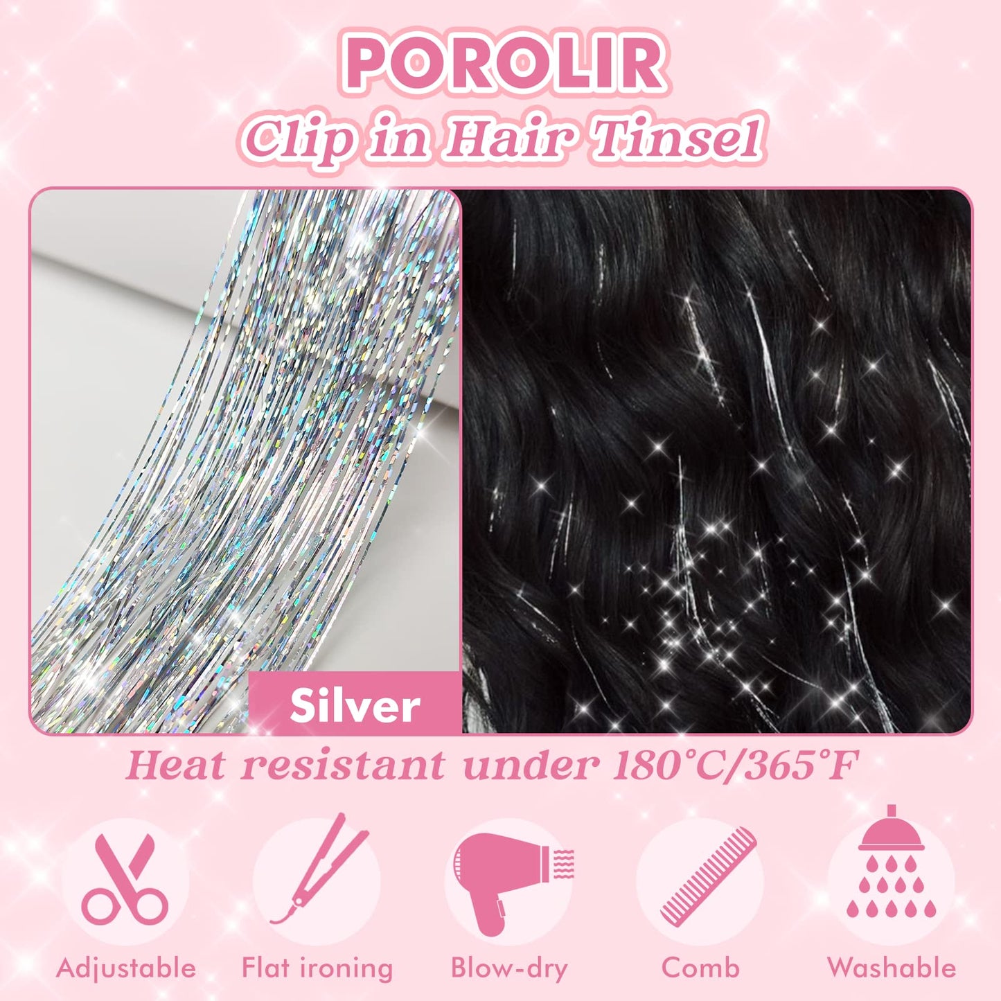 Clip in Hair Tinsel, POROLIR 6Pcs Glitter Fairy Tinsel Hair Extensions 20 Inch Shiny Hair Tinsel Heat Resistant, Sparkly Strands Hair Accessories, Festival Gift for Women Girls Kids (Silver)
