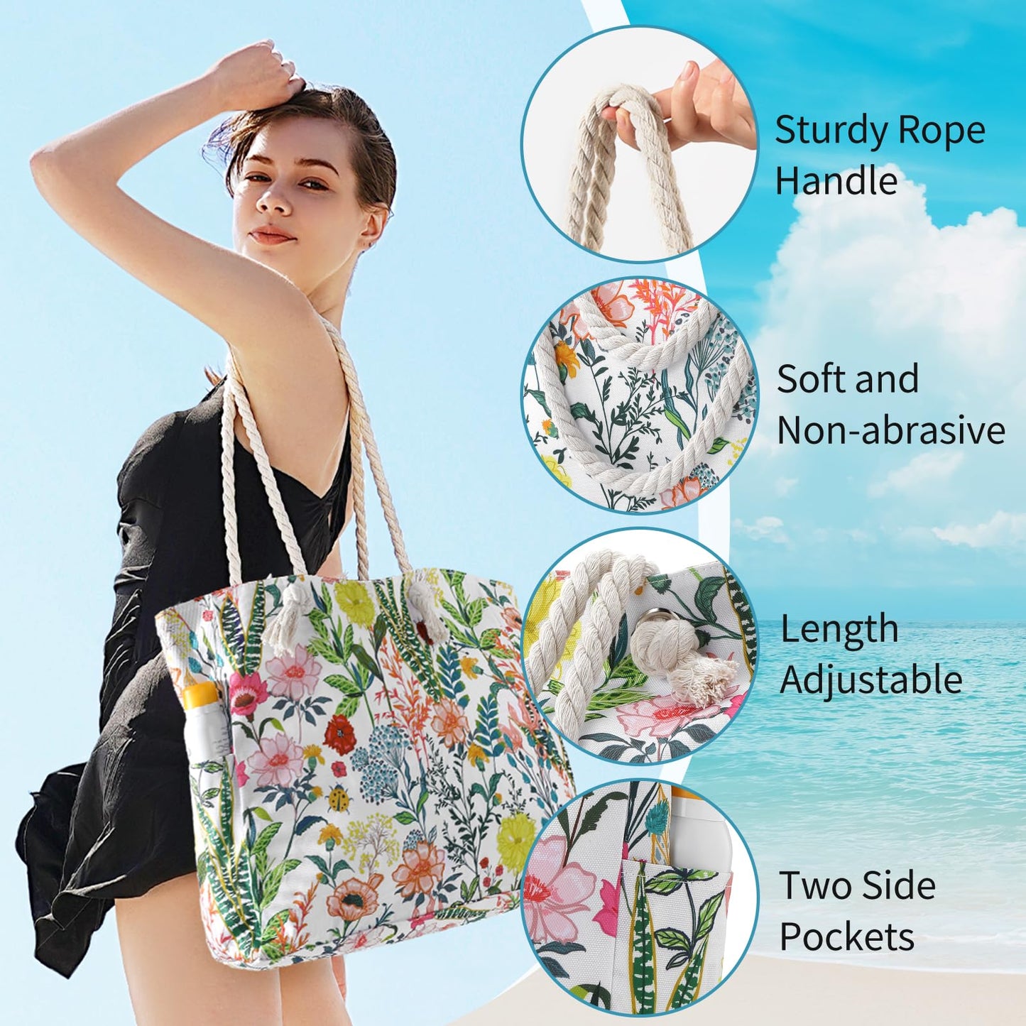 Beach Bags for Women - Large Beach Tote Bag, Women Sandproof Pool Bag for Pool Gym Grocery Travel