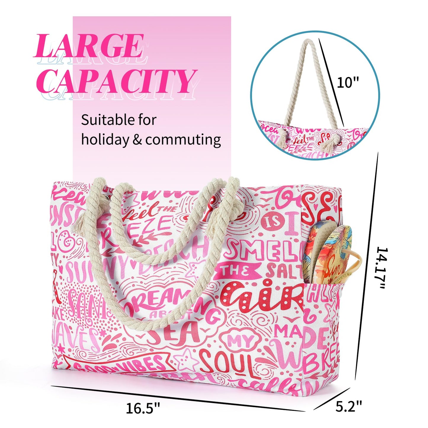 Beach Bags for Women - Large Beach Tote Bag, Women Sandproof Pool Bag for Pool Gym Grocery Travel