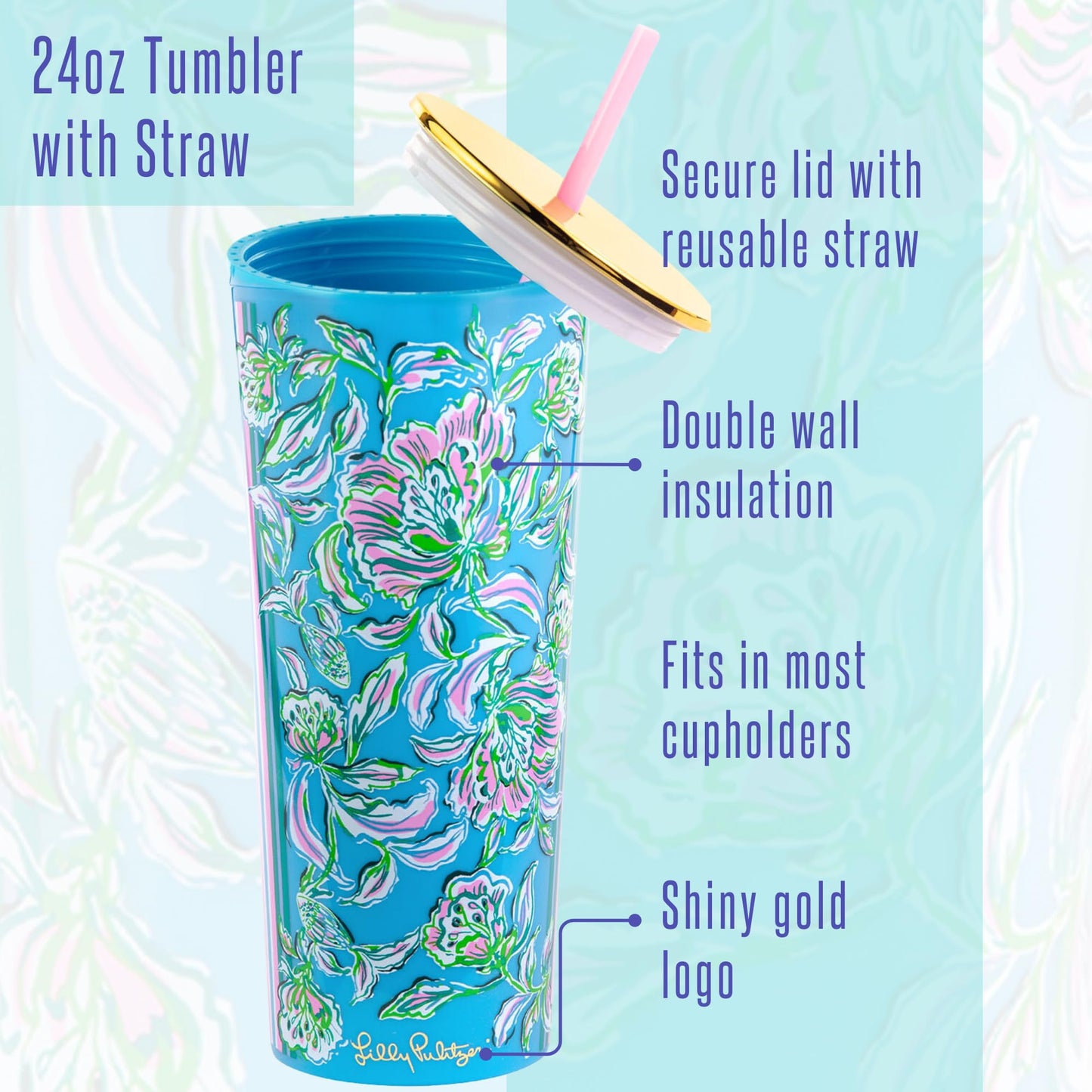 Lilly Pulitzer Double Wall Tumbler with Lid and Reusable Straw, Insulated Travel Cup Holds 24 Ounces, Soleil It On Me