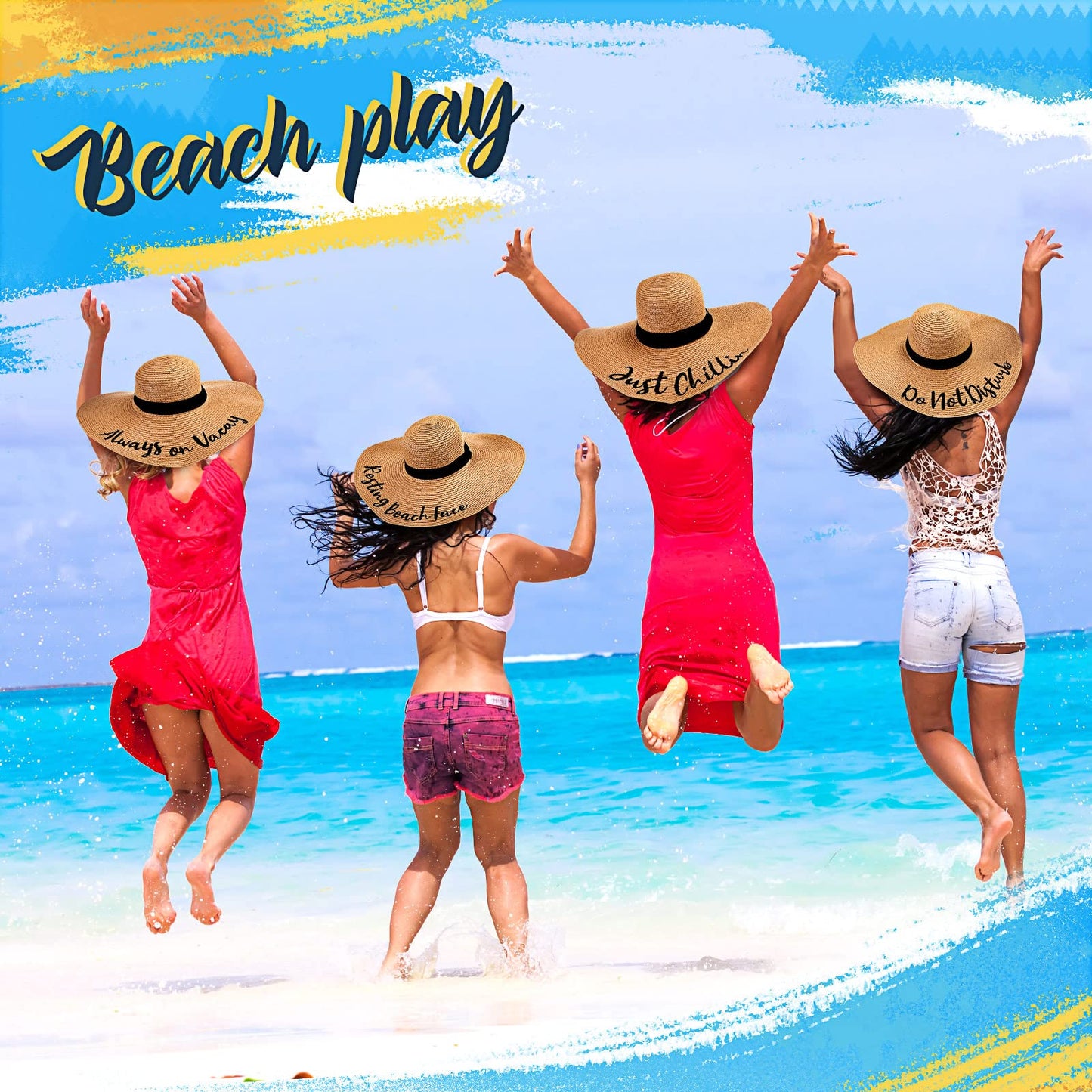 4 Pcs Women Beach Hats Floppy Foldable Straw Hat Embroidered Summer Wide Brim for Travel Summer