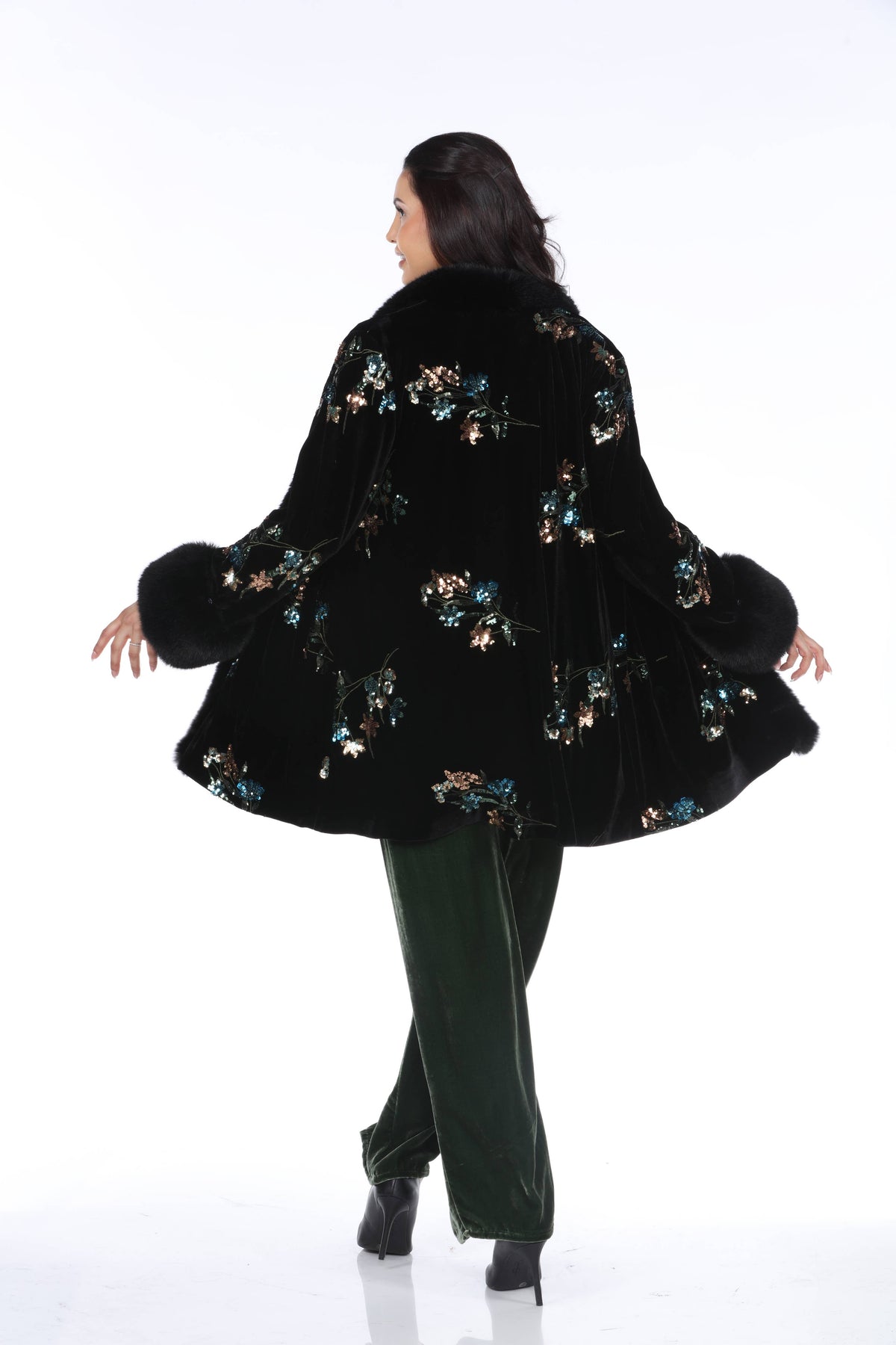 Aris A - Velvet Embroidered Coat with Faux Fur Trim: M