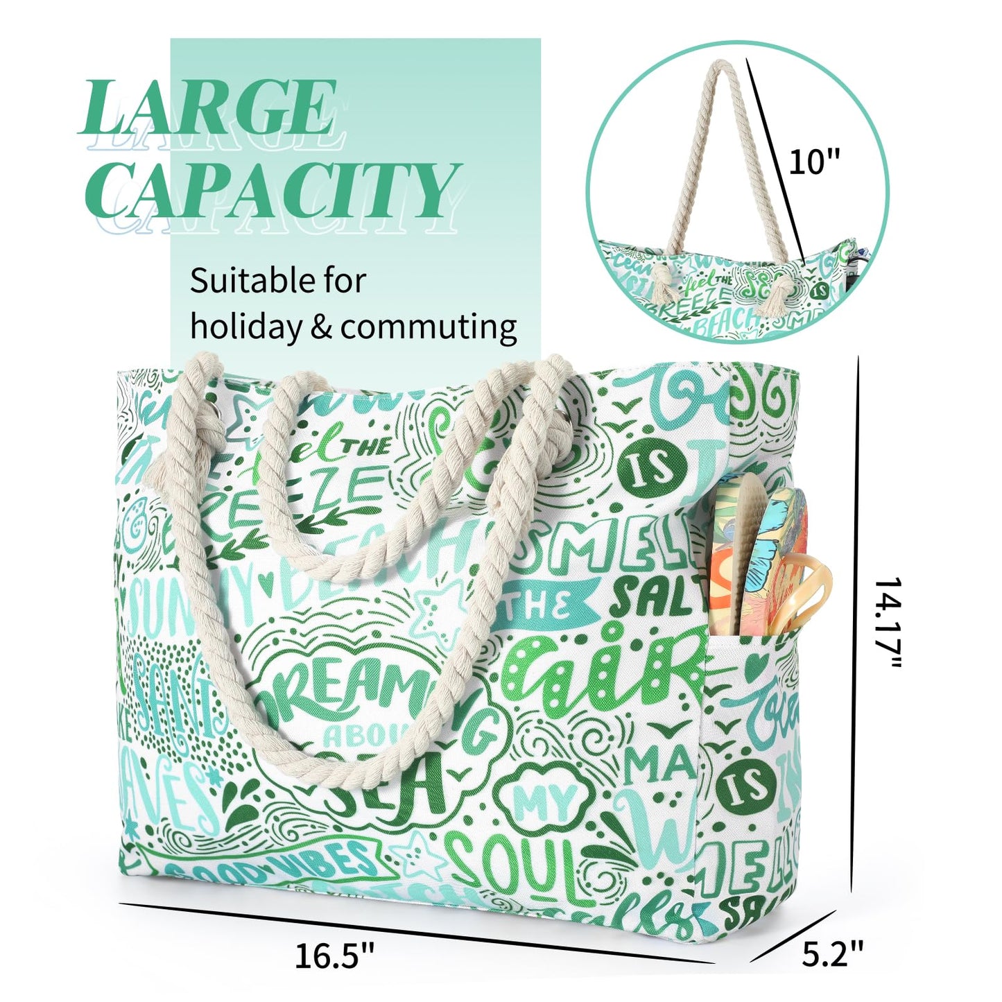 Beach Bags for Women - Large Beach Tote Bag, Women Sandproof Pool Bag for Pool Gym Grocery Travel