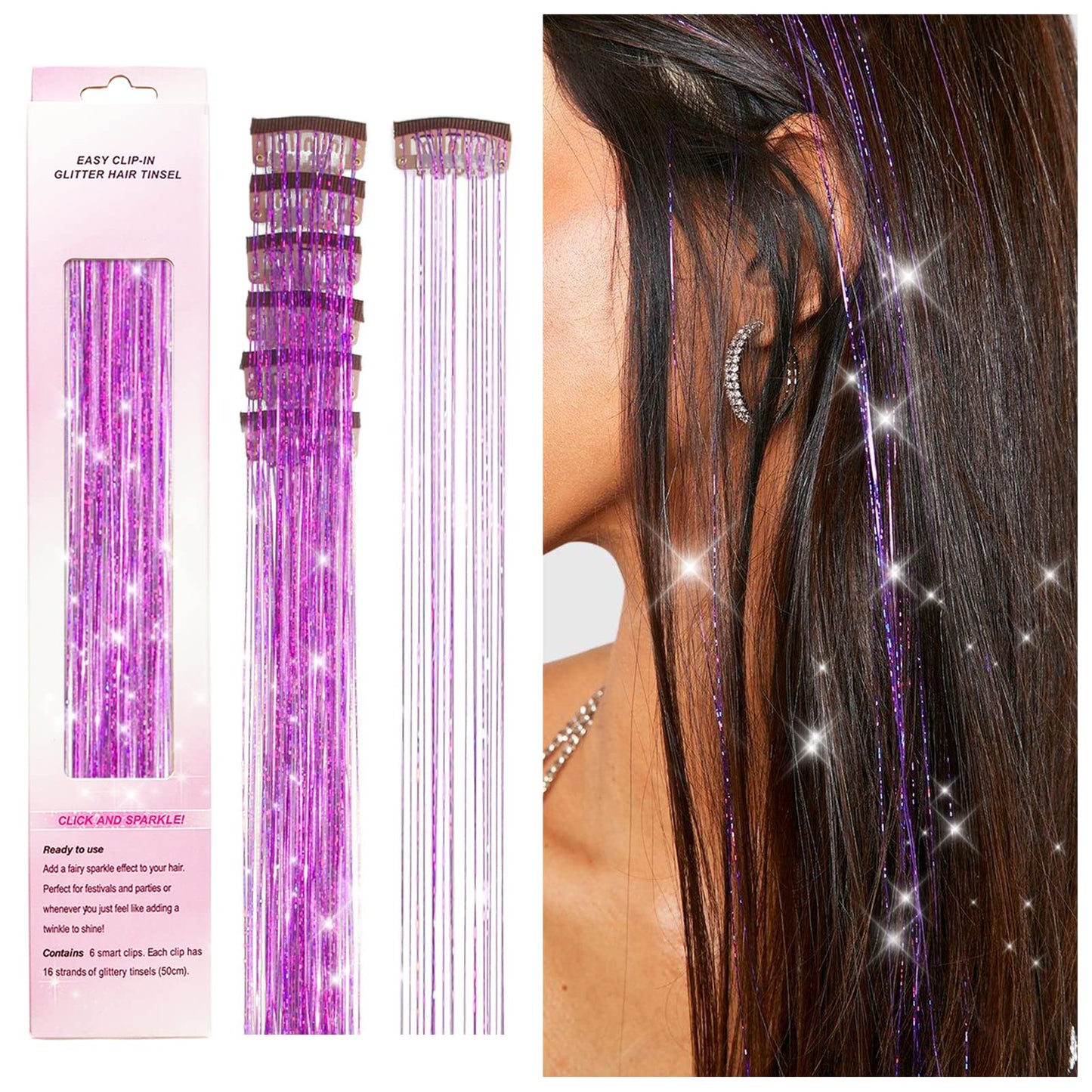 Clip in Hair Tinsel, POROLIR 6Pcs Glitter Fairy Tinsel Hair Extensions 20 Inch Shiny Hair Tinsel Heat Resistant, Sparkly Strands Hair Accessories, Festival Gift for Women Girls Kids (Silver)