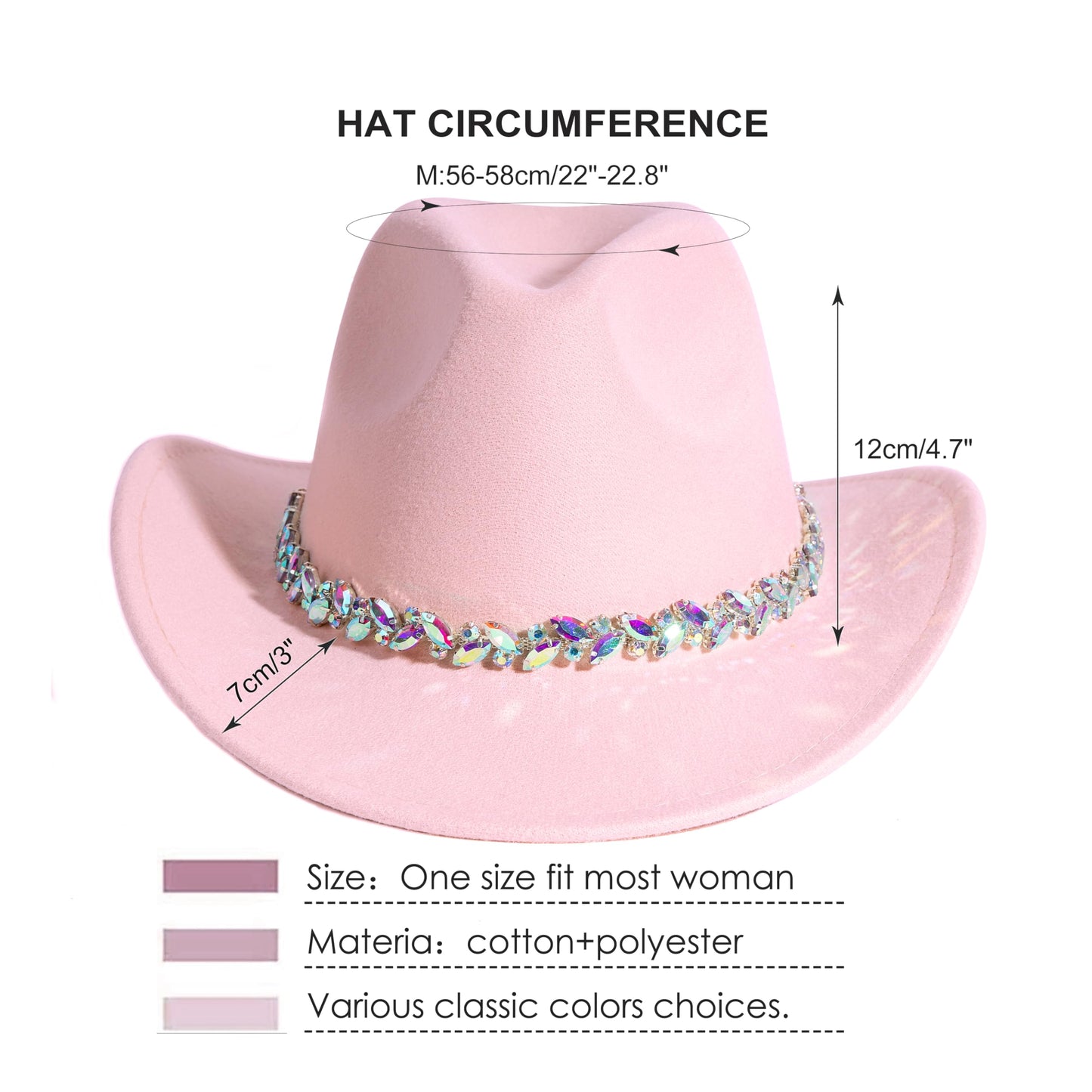 Women Rhinestone Cowboy Hat Wide Brim Felt Cowgirl Hats Shiny Party Wedding Hat