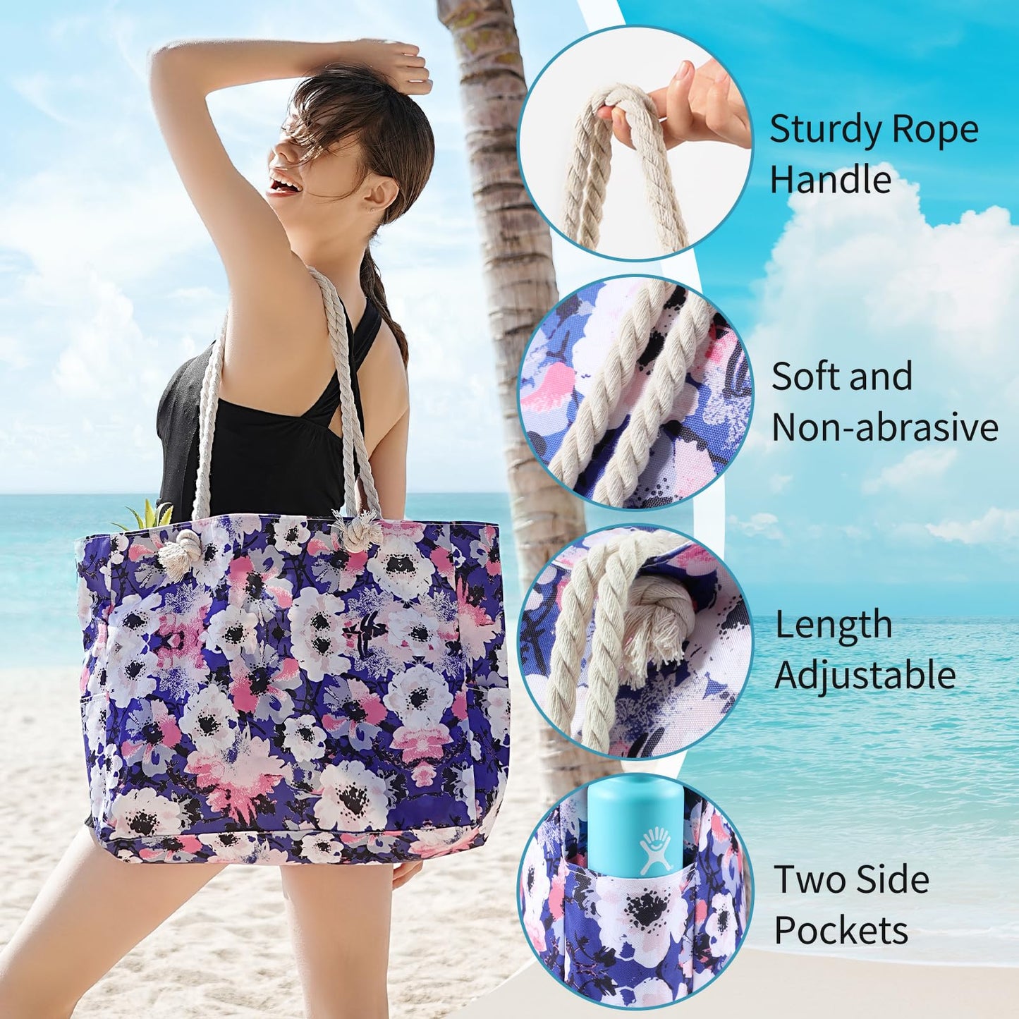 Beach Bags for Women - Large Beach Tote Bag, Women Sandproof Pool Bag for Pool Gym Grocery Travel