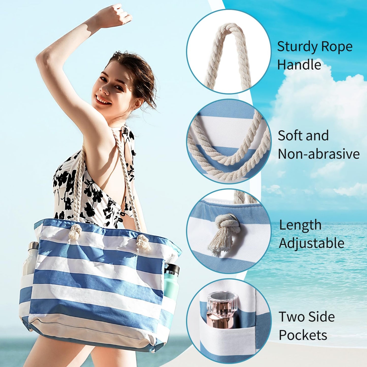 Beach Bags for Women - Large Beach Tote Bag, Women Sandproof Pool Bag for Pool Gym Grocery Travel