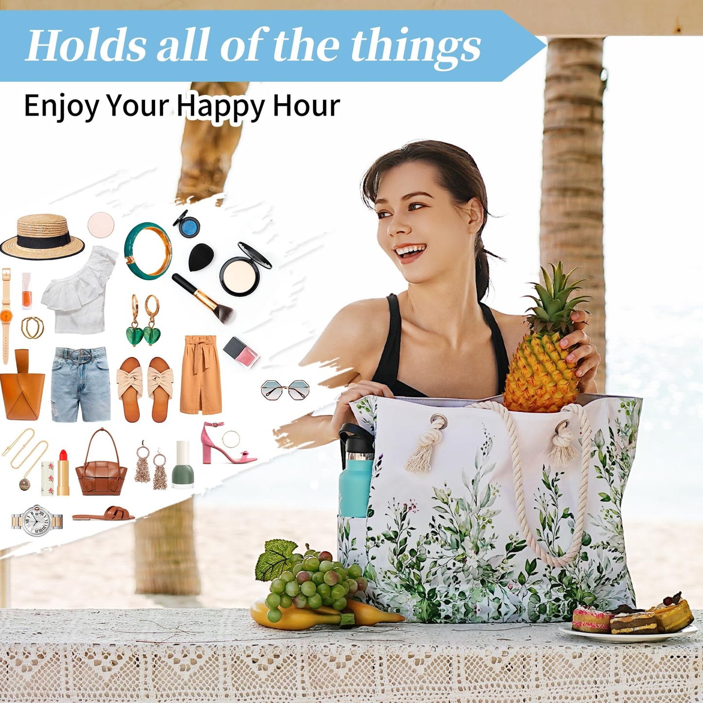 Beach Bags for Women - Large Beach Tote Bag, Women Sandproof Pool Bag for Pool Gym Grocery Travel