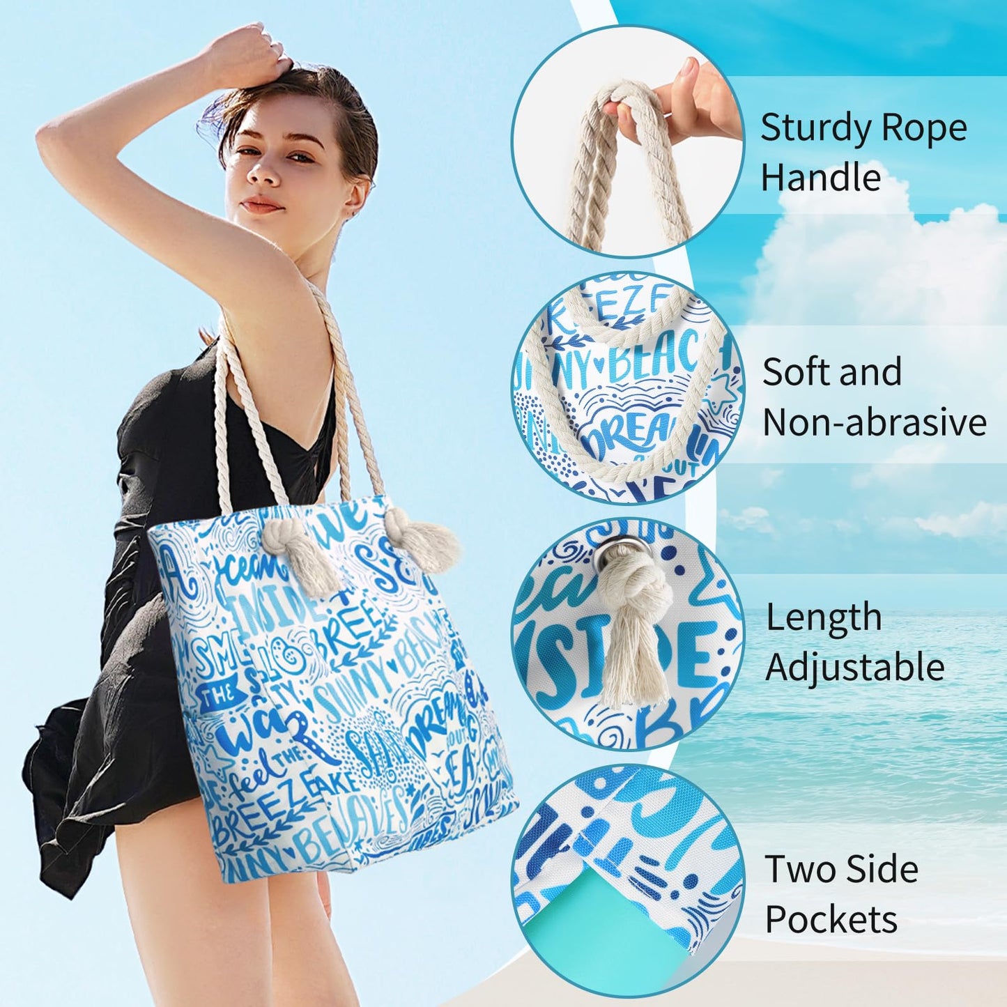 Beach Bags for Women - Large Beach Tote Bag, Women Sandproof Pool Bag for Pool Gym Grocery Travel