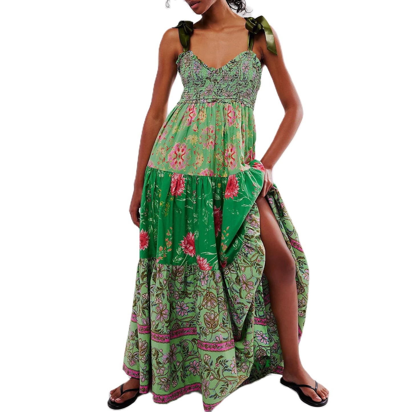 Women Summer Dresses Flowy Smocked Maxi Dress Sleeveless Tie Shoulder Boho Dresses Y2K Floral Beach Sundresses