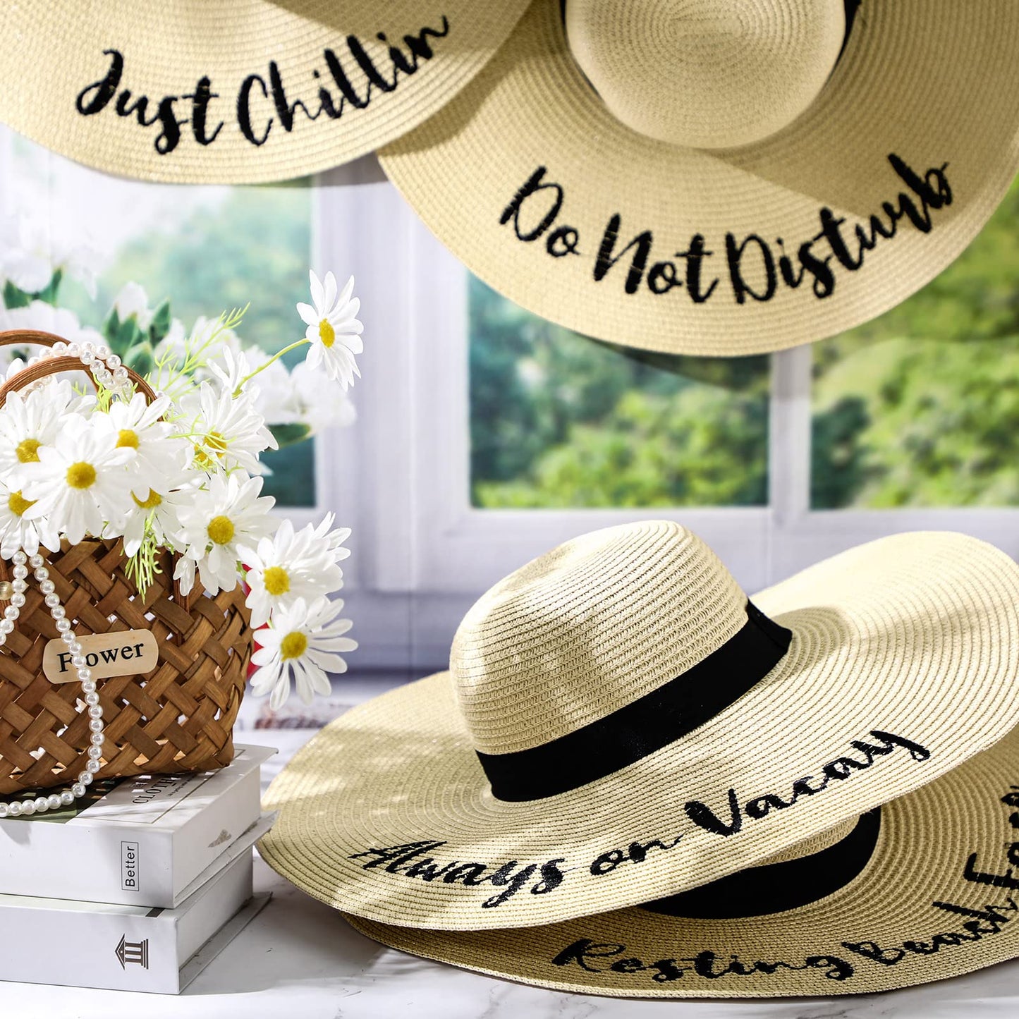 4 Pcs Women Beach Hats Floppy Foldable Straw Hat Embroidered Summer Wide Brim for Travel Summer