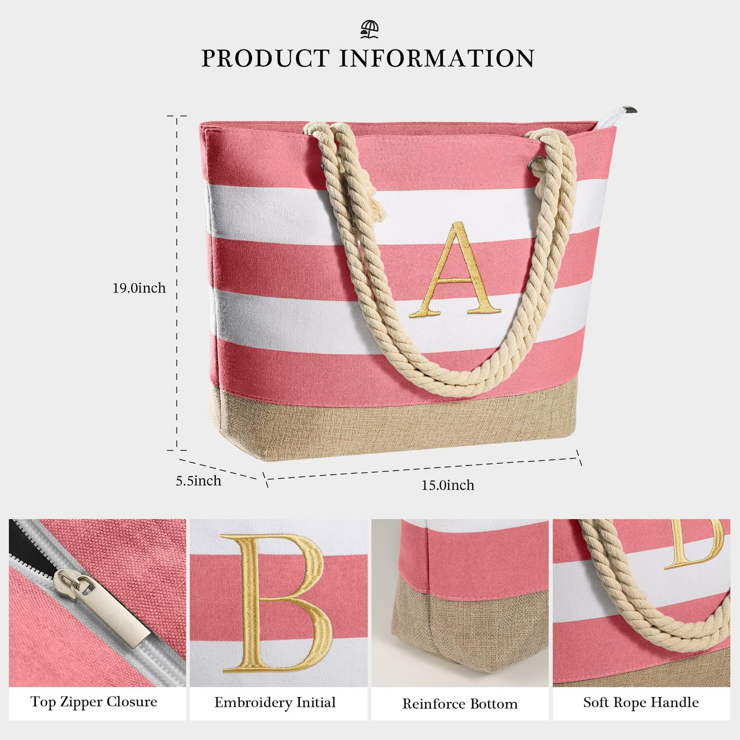 YOOLIFE Initial Canvas Waterproof Beach Tote Bag Zipper Personalized Gifts for Women Her Birthday Travel Beach Essential