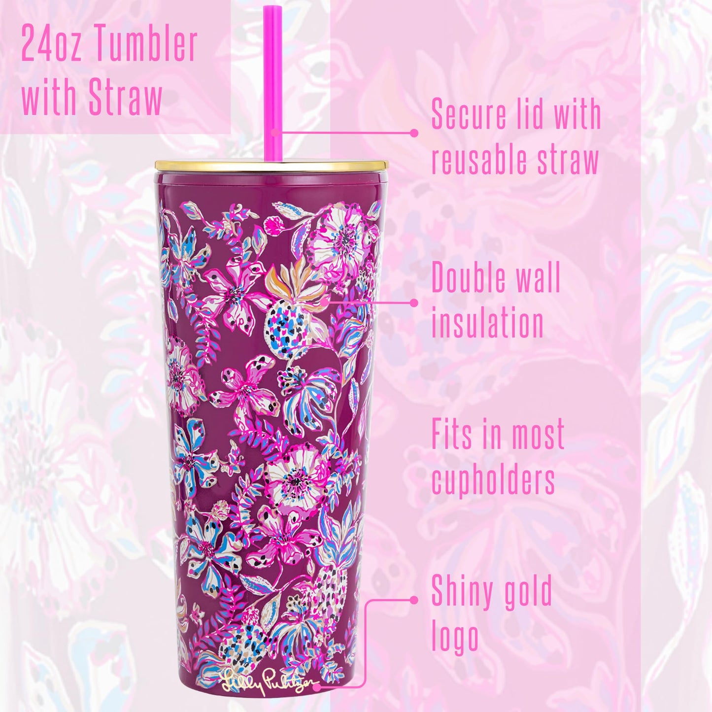 Lilly Pulitzer Double Wall Tumbler with Lid and Reusable Straw, Insulated Travel Cup Holds 24 Ounces, Soleil It On Me