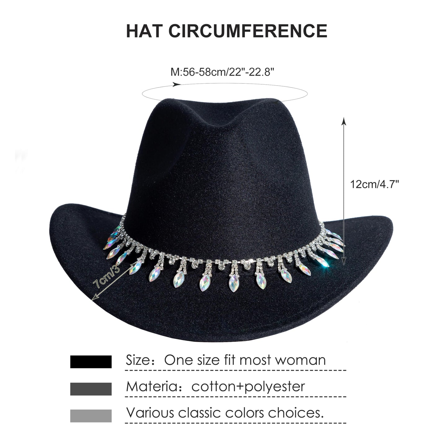 Women Rhinestone Cowboy Hat Wide Brim Felt Cowgirl Hats Shiny Party Wedding Hat