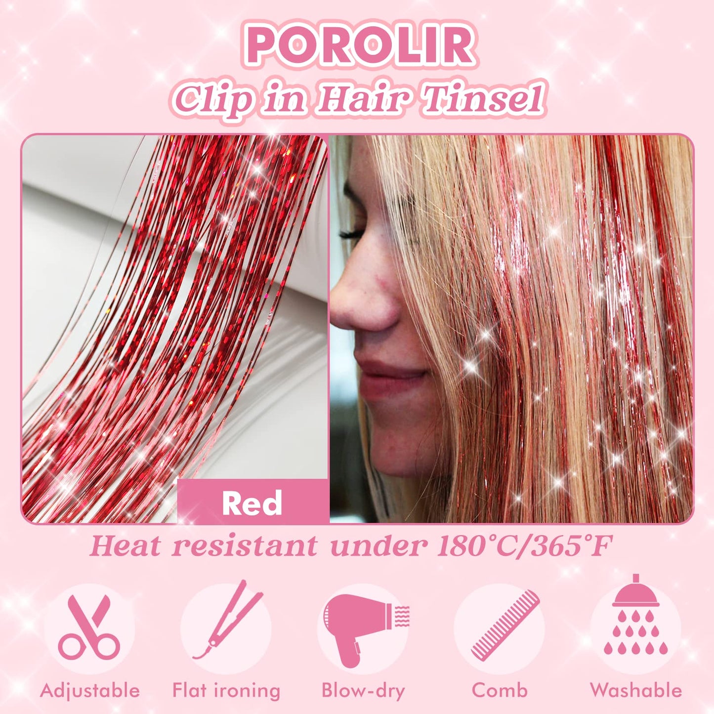 Clip in Hair Tinsel, POROLIR 6Pcs Glitter Fairy Tinsel Hair Extensions 20 Inch Shiny Hair Tinsel Heat Resistant, Sparkly Strands Hair Accessories, Festival Gift for Women Girls Kids (Silver)
