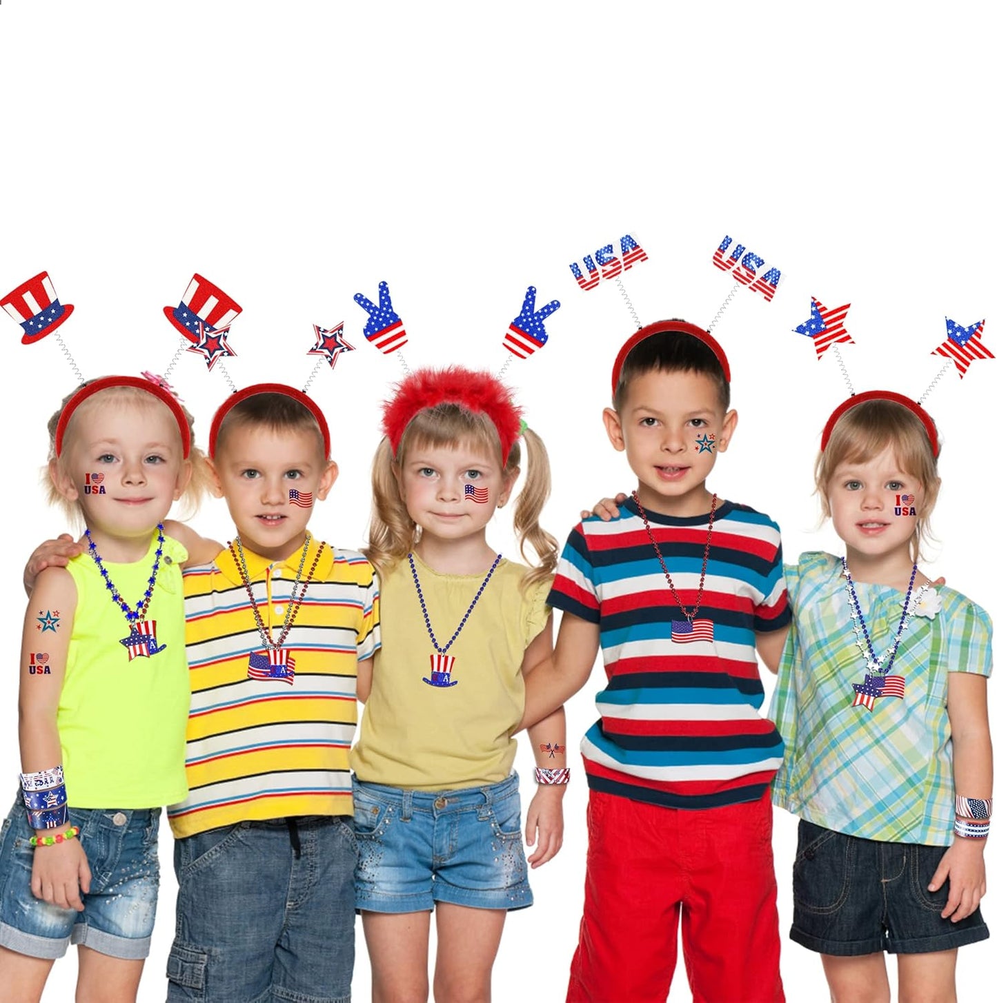 4th of July Accessories Patriotic Party Favors Supplies - 6 Headbands, 9 Necklaces, 20 Slap Bracelet and 20 Temporary Tattoos for Fourth of July Party Decorations, Independence Day, Memorial Day