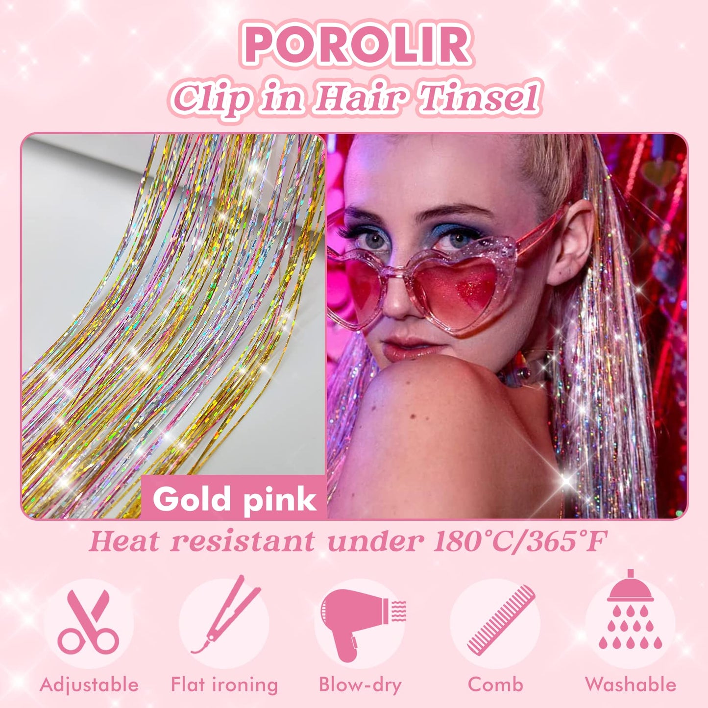 Clip in Hair Tinsel, POROLIR 6Pcs Glitter Fairy Tinsel Hair Extensions 20 Inch Shiny Hair Tinsel Heat Resistant, Sparkly Strands Hair Accessories, Festival Gift for Women Girls Kids (Silver)