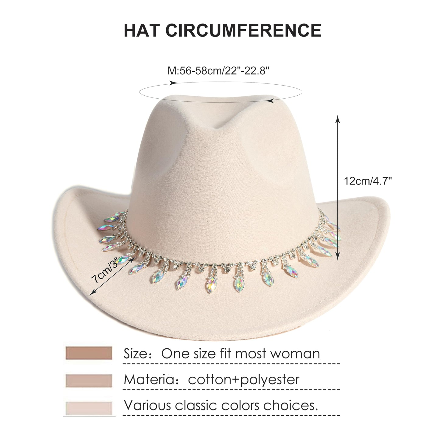 Women Rhinestone Cowboy Hat Wide Brim Felt Cowgirl Hats Shiny Party Wedding Hat