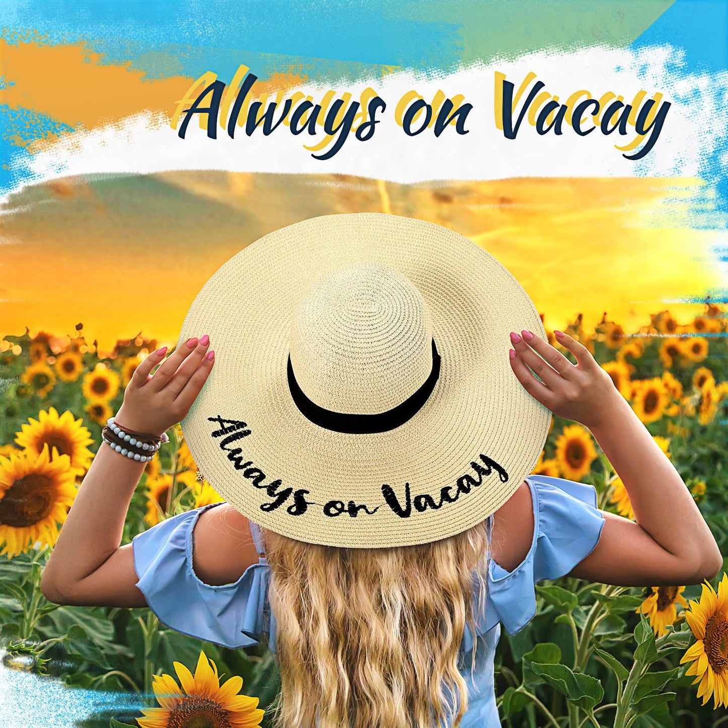 4 Pcs Women Beach Hats Floppy Foldable Straw Hat Embroidered Summer Wide Brim for Travel Summer