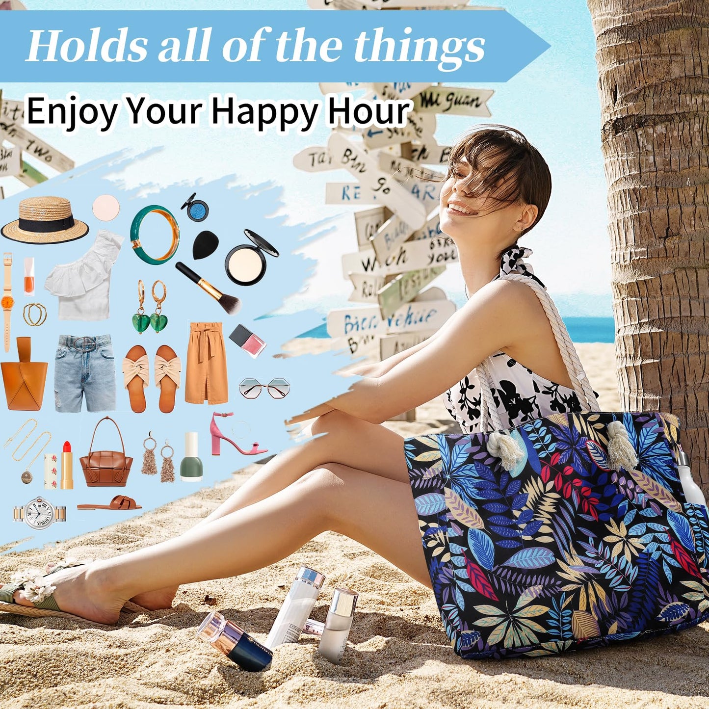 Beach Bags for Women - Large Beach Tote Bag, Women Sandproof Pool Bag for Pool Gym Grocery Travel