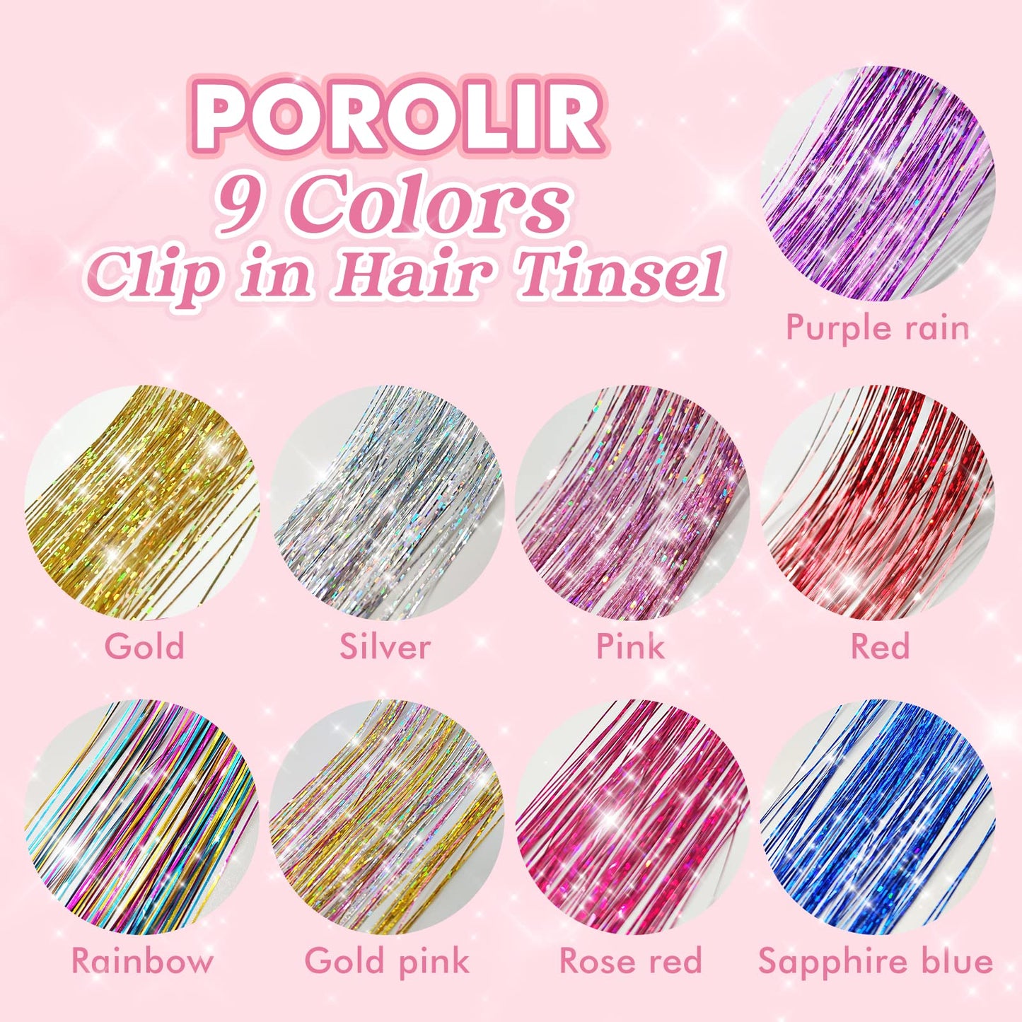 Clip in Hair Tinsel, POROLIR 6Pcs Glitter Fairy Tinsel Hair Extensions 20 Inch Shiny Hair Tinsel Heat Resistant, Sparkly Strands Hair Accessories, Festival Gift for Women Girls Kids (Silver)