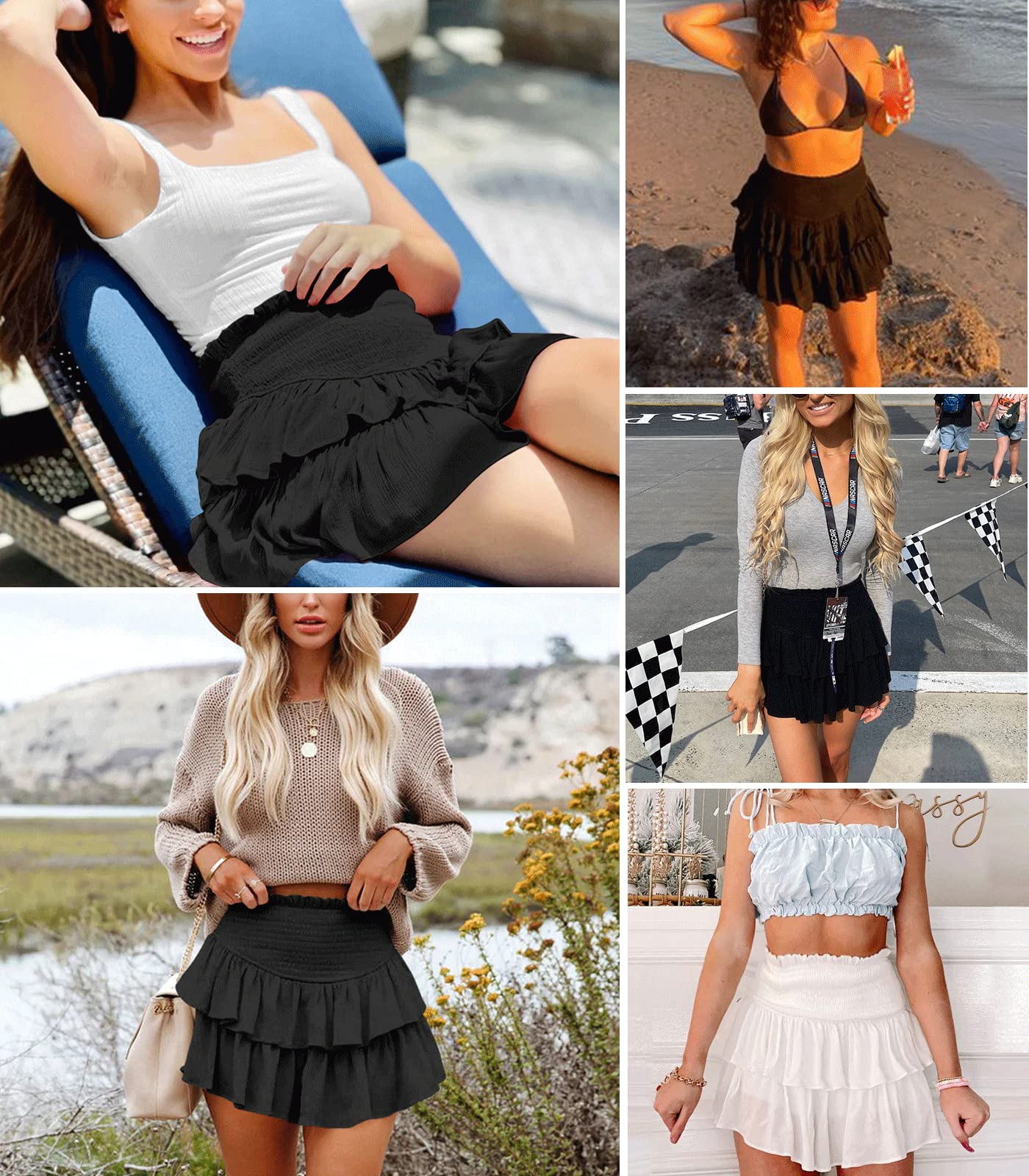 Women's Cute High Waist Ruffle Mini Skirt Layered Ruffle Hem Flared Flowy Casual Swing Beach Mini Short Skirt