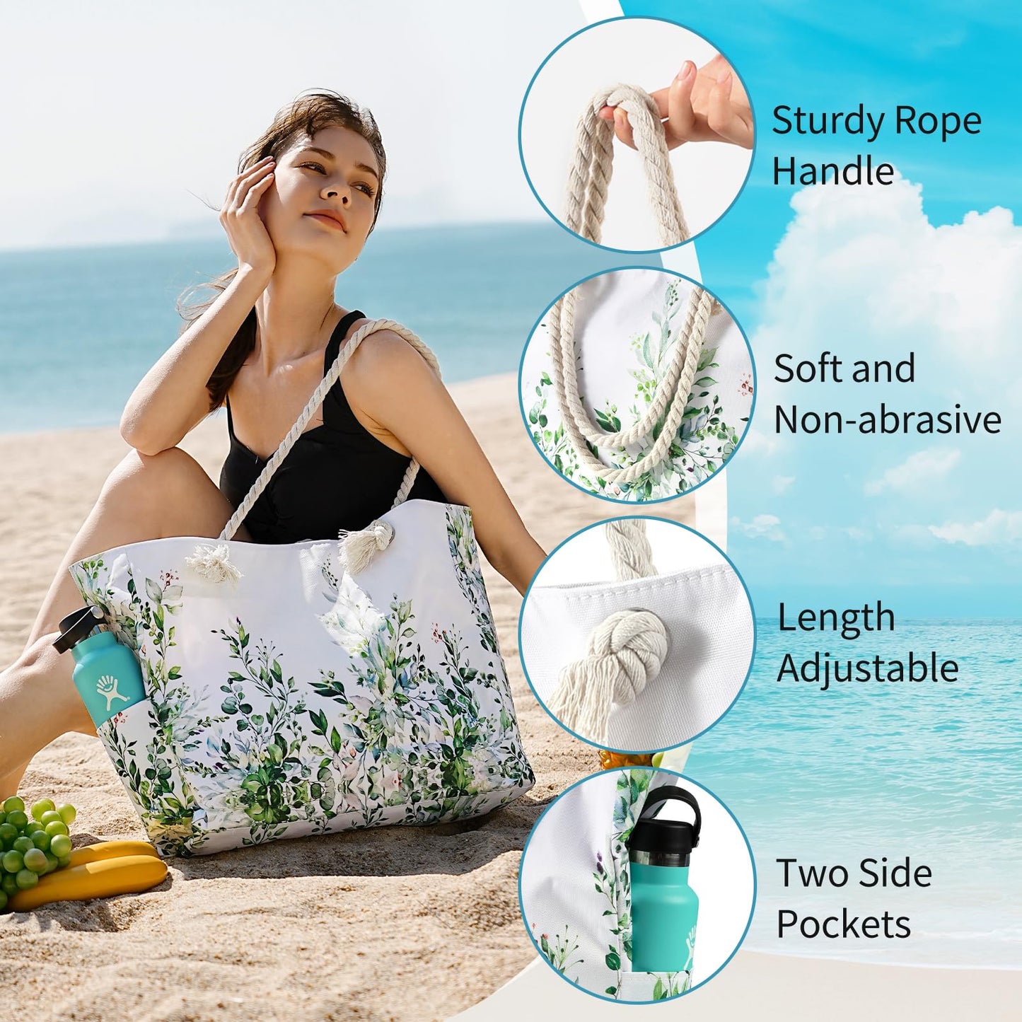 Beach Bags for Women - Large Beach Tote Bag, Women Sandproof Pool Bag for Pool Gym Grocery Travel