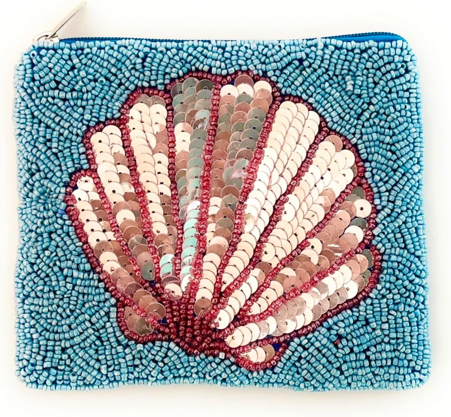 Seashell Beaded Pouch Purse, Blue Beaded Purse Pouch, Beach Lover Coin Purse, Small Wallets for Her, Birthday Gift, Gift Card Bag, CP201