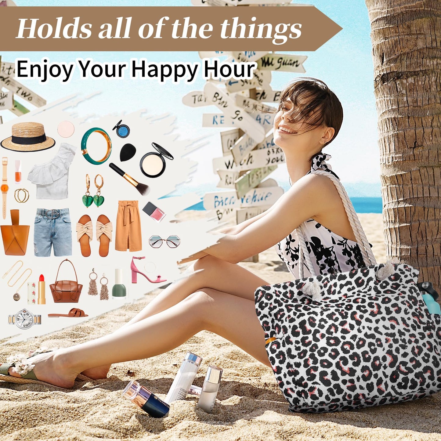 Beach Bags for Women - Large Beach Tote Bag, Women Sandproof Pool Bag for Pool Gym Grocery Travel