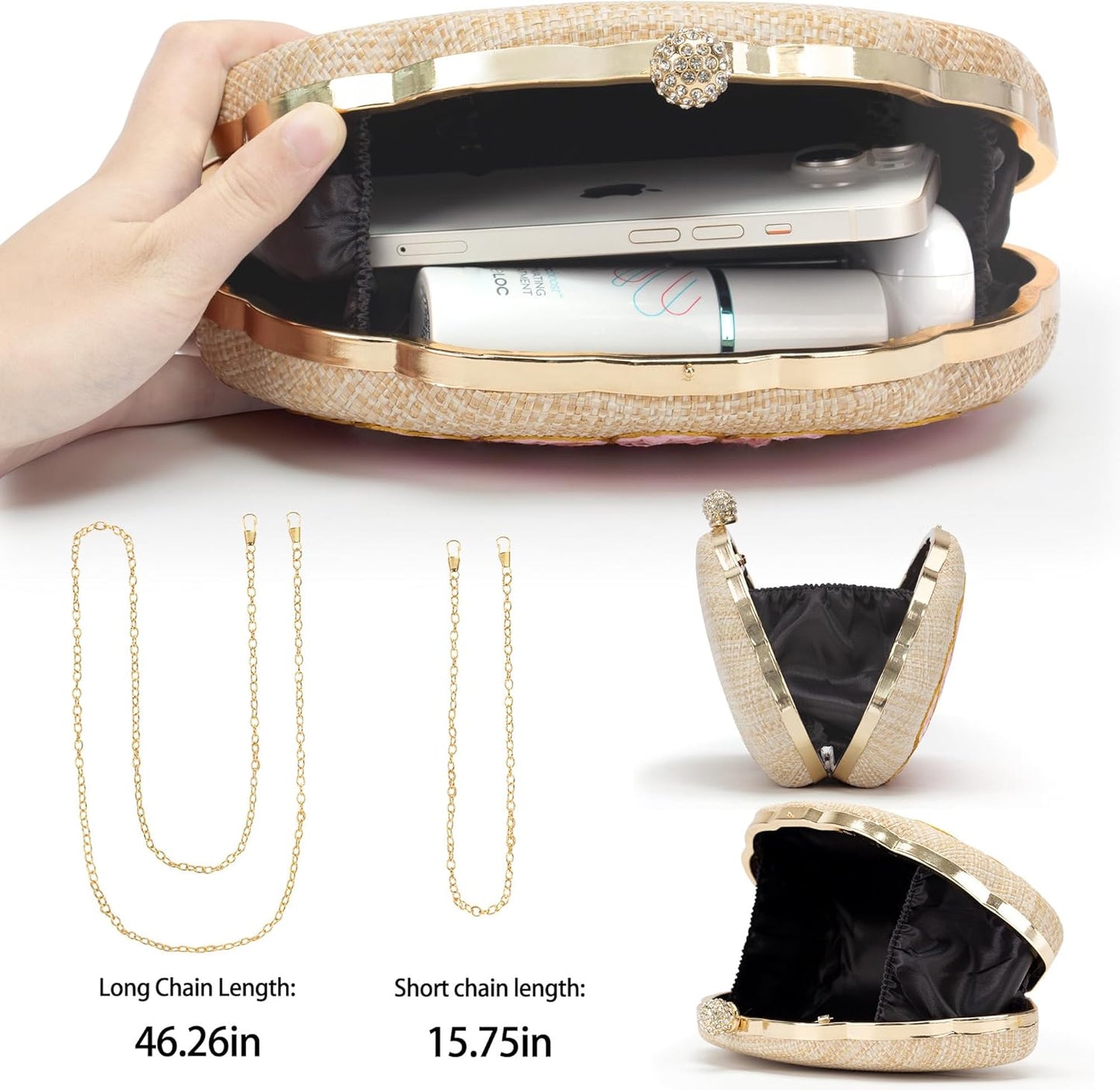 Women's Straw Woven Clutch Purse Embroider Shellsea Pattern Handbag