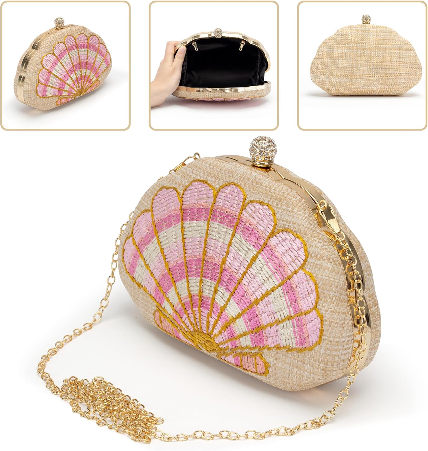 Women's Straw Woven Clutch Purse Embroider Shellsea Pattern Handbag