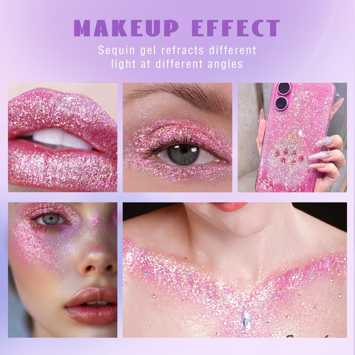 Roll-on Holographic Body Glitter Gel for Face Hair, Chameleon Color Changing Glitter Gel Under Light, Chunky Mermaid Sequins Festival Party Rave Accessories Shimmer Makeup (8# Sparkling Pink)