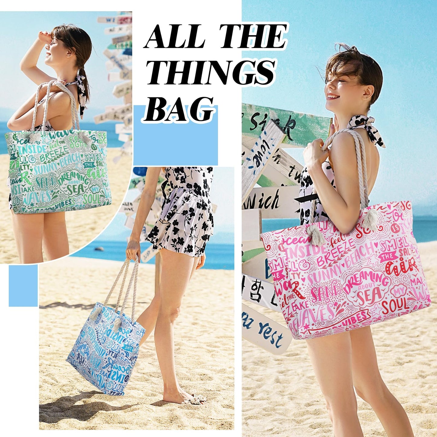 Beach Bags for Women - Large Beach Tote Bag, Women Sandproof Pool Bag for Pool Gym Grocery Travel