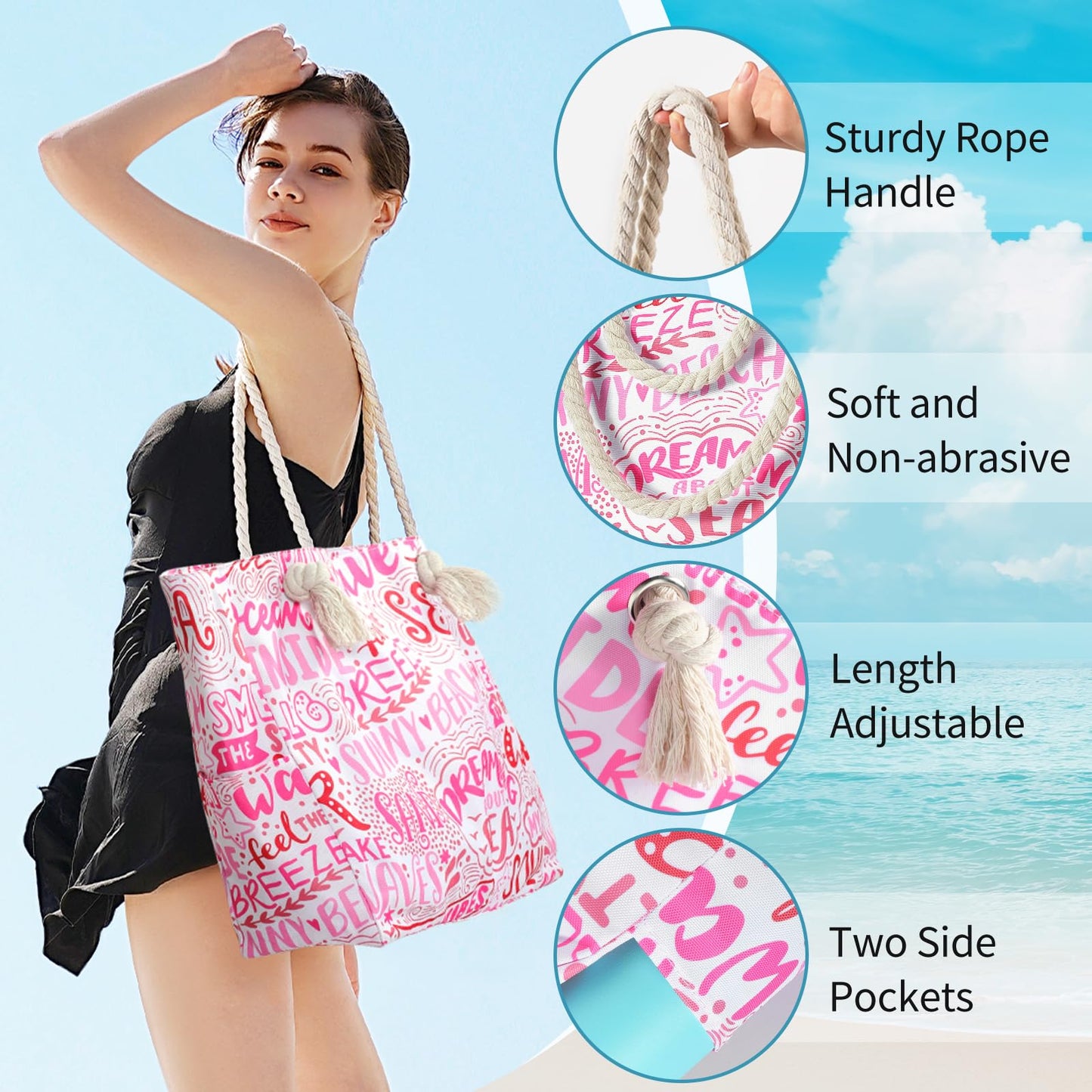 Beach Bags for Women - Large Beach Tote Bag, Women Sandproof Pool Bag for Pool Gym Grocery Travel