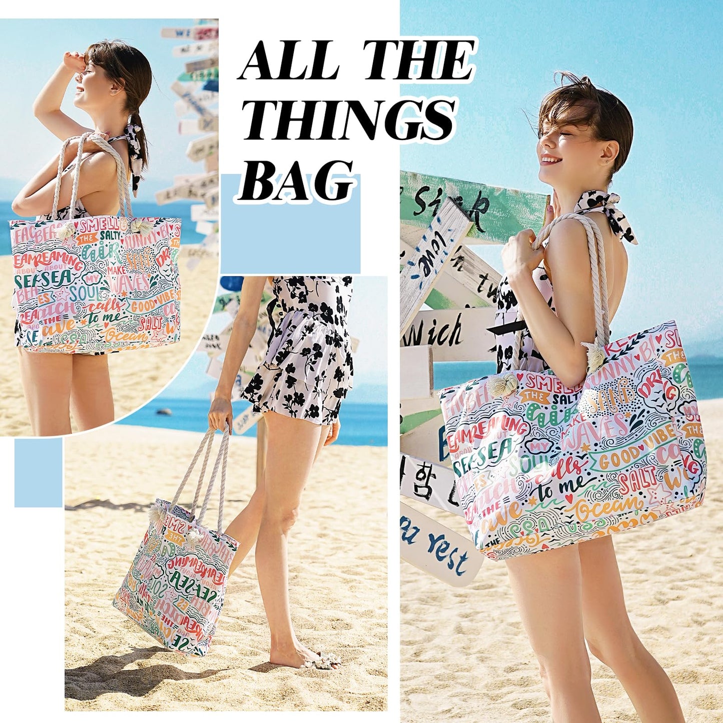 Beach Bags for Women - Large Beach Tote Bag, Women Sandproof Pool Bag for Pool Gym Grocery Travel