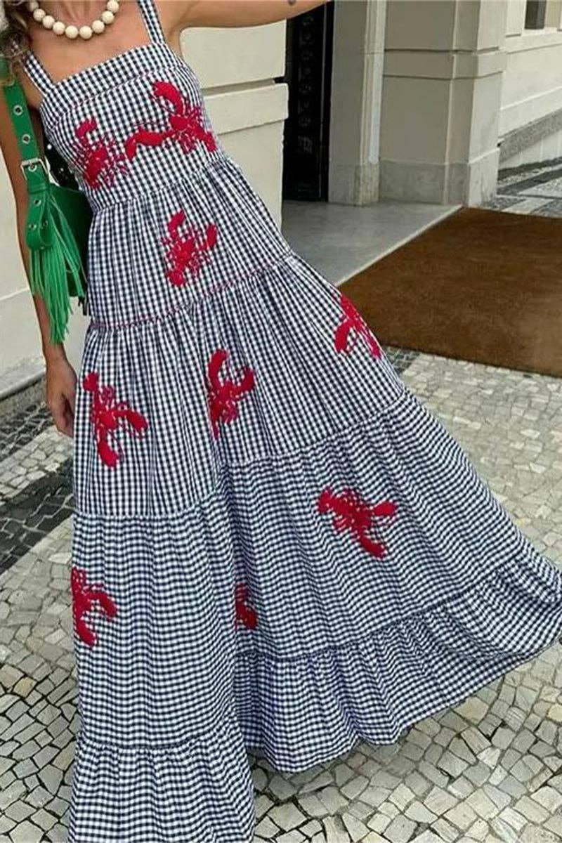 Mccolin - Lobster Motif Gingham Maxi Dress: BLUE / M
